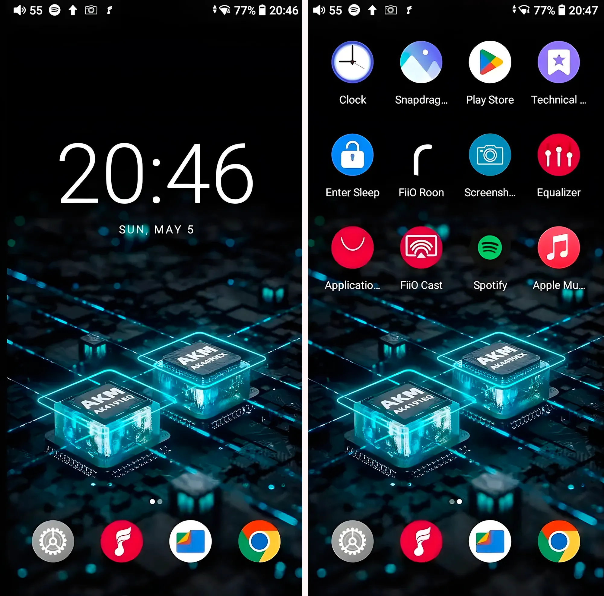 Скриншоты Android 10 на FiiO M23: главный экран и меню со Spotify и Apple Music.
