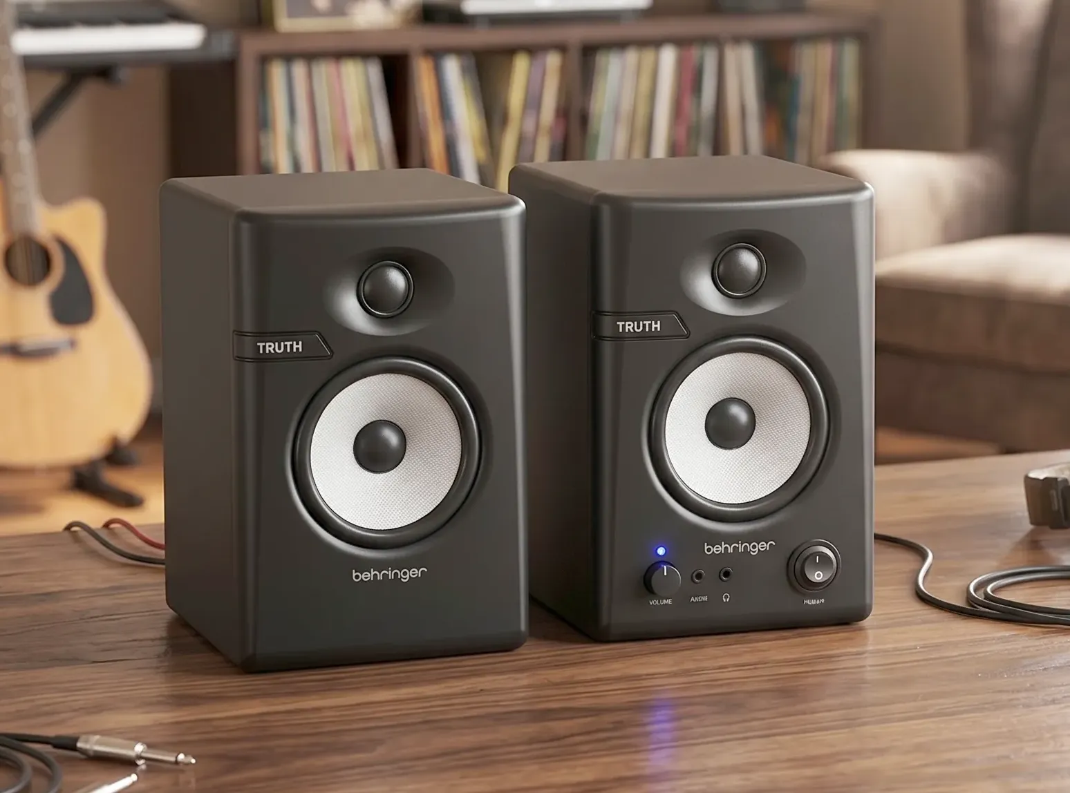 Колонки Behringer TRUTH 3.5 с белыми вуферами, регулятором громкости и разъемами.