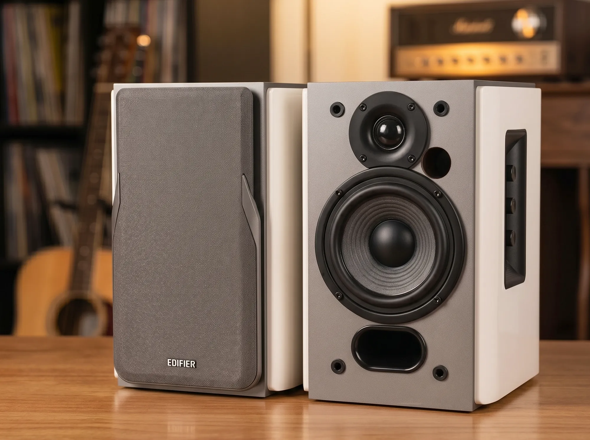 Колонки Edifier R1380DB на столе: одна с грилем, другая с открытыми динамиками.
