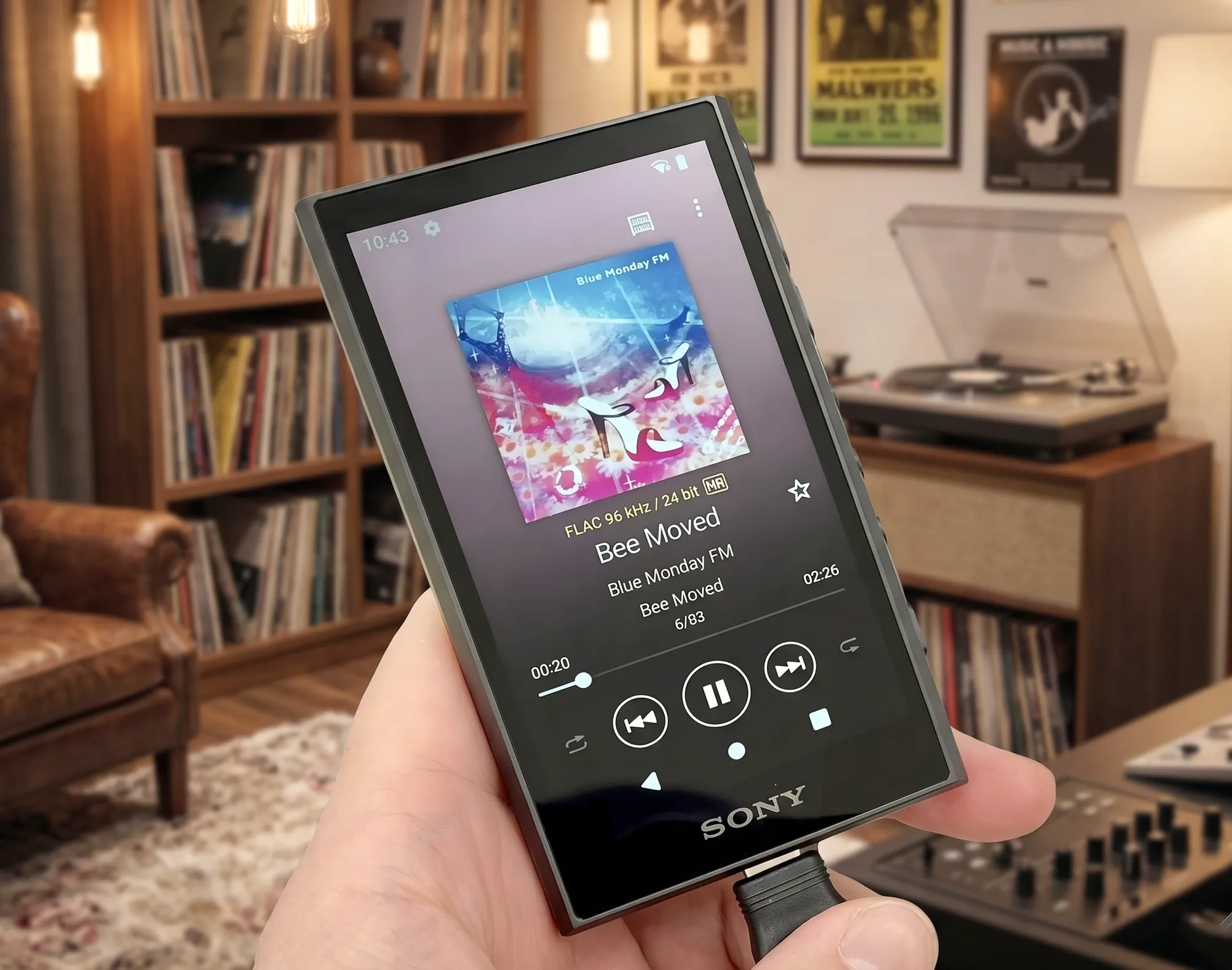 Sony NW-A306 в руке: экран с интерфейсом, подключен кабель, фон – комната с виниловым проигрывателем.