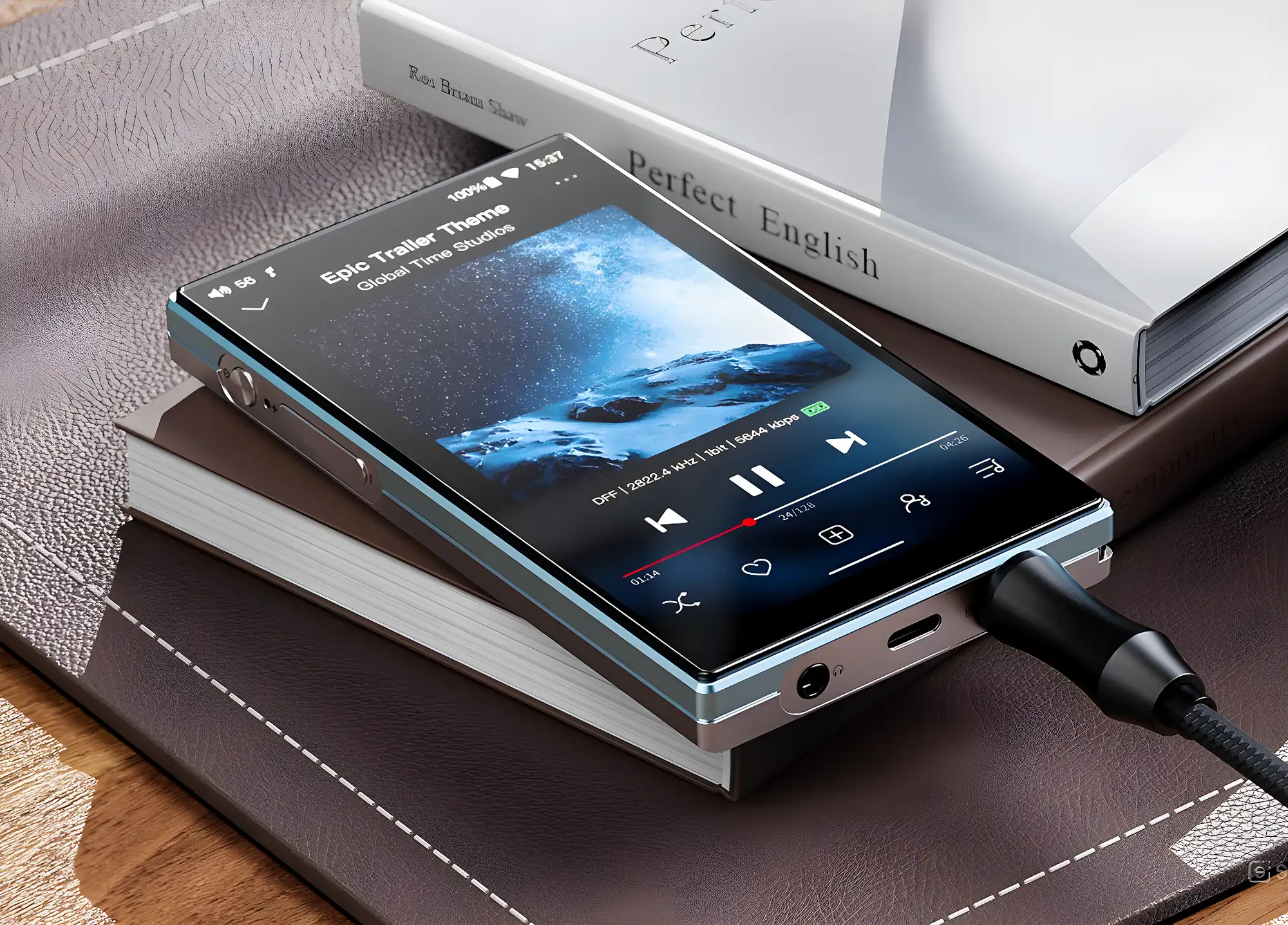 FiiO JM21 на книгах: трек на экране, аудиоразъемы с кабелем, вид под углом, крупный план.