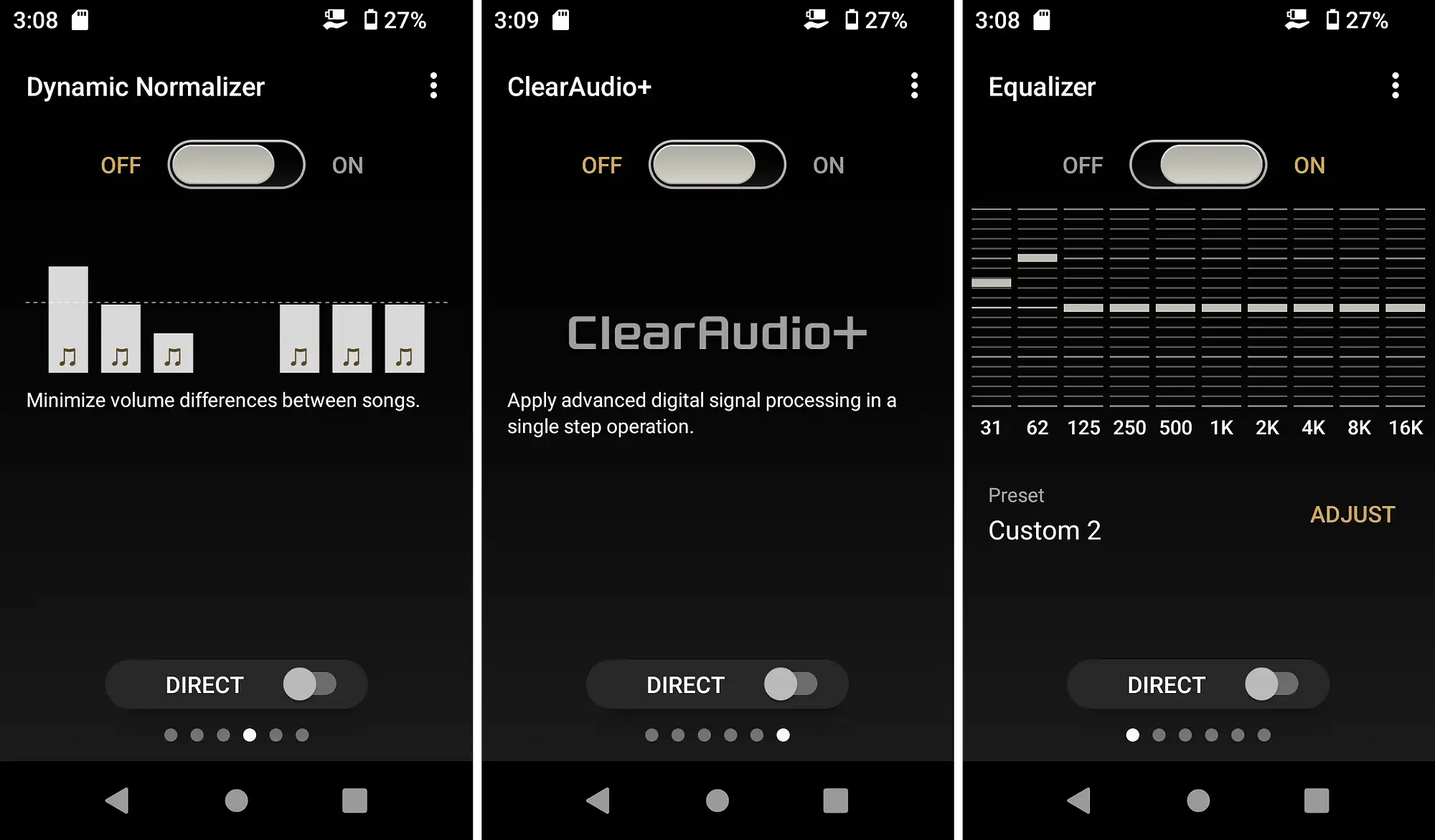 Sony NW-A306: скриншоты Dynamic Normalizer, ClearAudio+ и эквалайзера, темная тема.