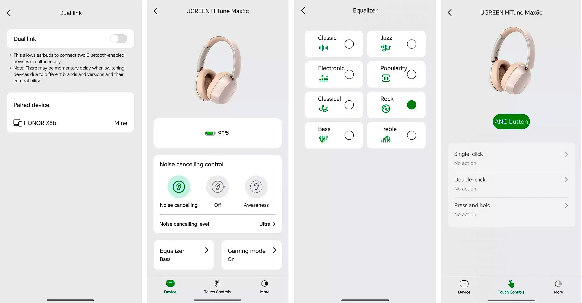 UGREEN Home для HiTune Max5c: четыре скриншота – Dual link, заряд, эквалайзер и кнопки, светлый интерфейс.