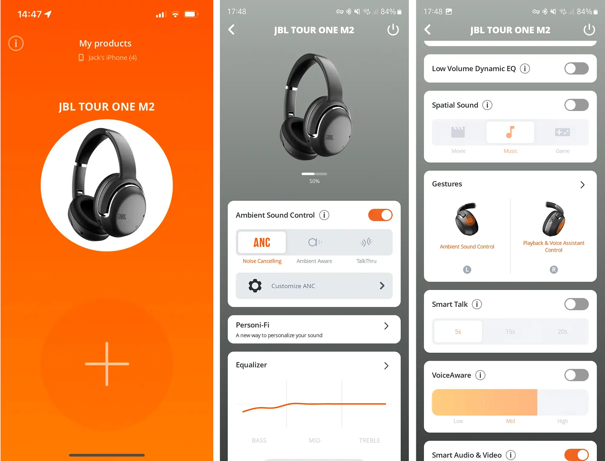 JBL Headphones для Tour One M2: скриншоты – выбор модели, ANC и управление жестами и звуком.