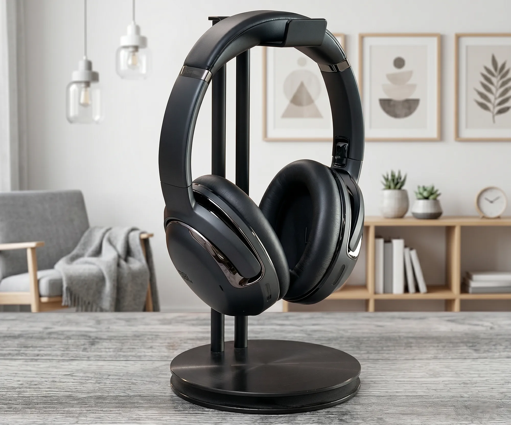 JBL Tour One M2 – черные наушники на стойке в центре кадра. Вид в три четверти на фоне размытой комнаты. Матовый корпус с глянцевыми деталями.