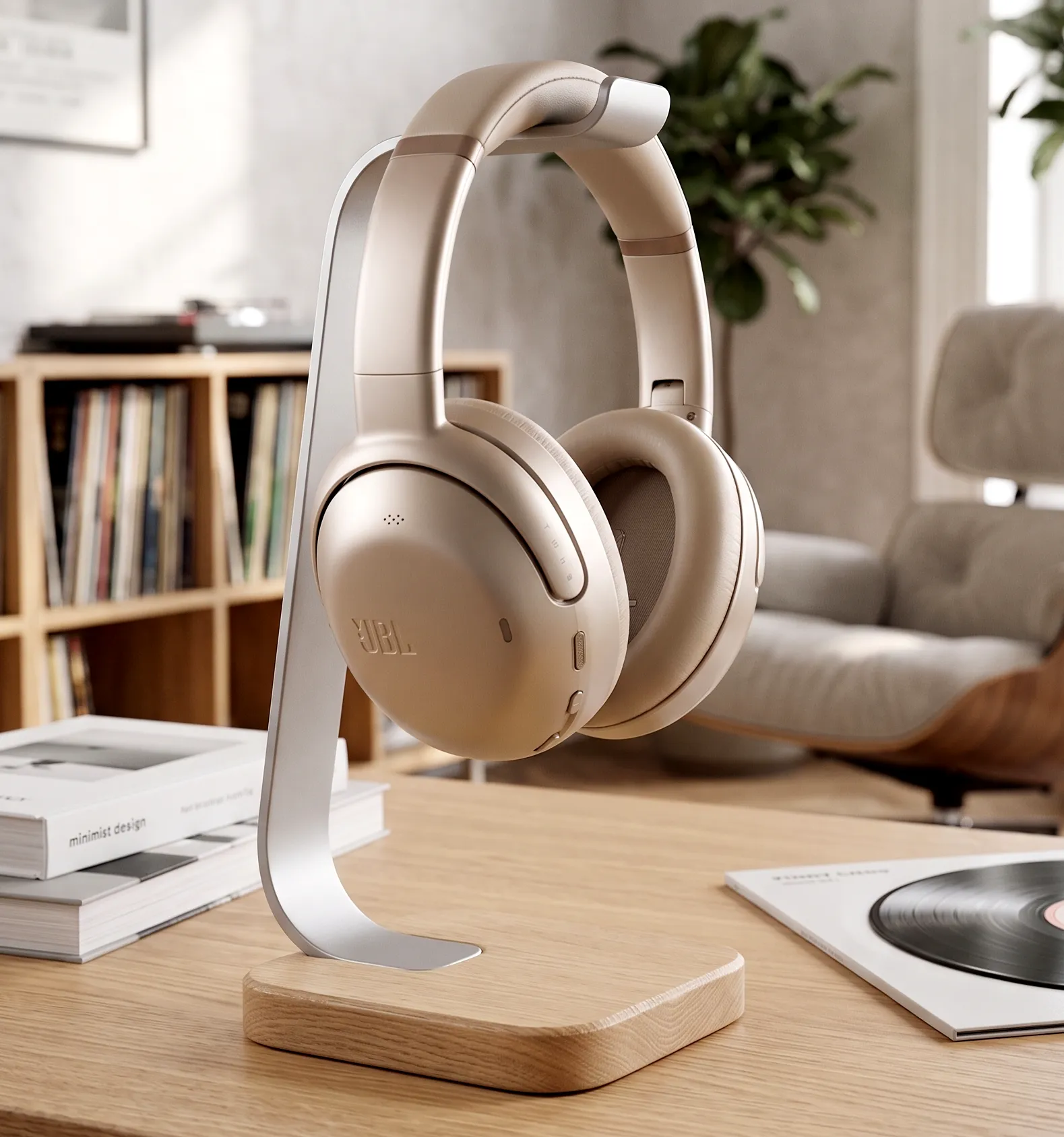 JBL Tour One M3 бежевые наушники на стойке: вид в три четверти, фон – размытая комната с пластинкой.