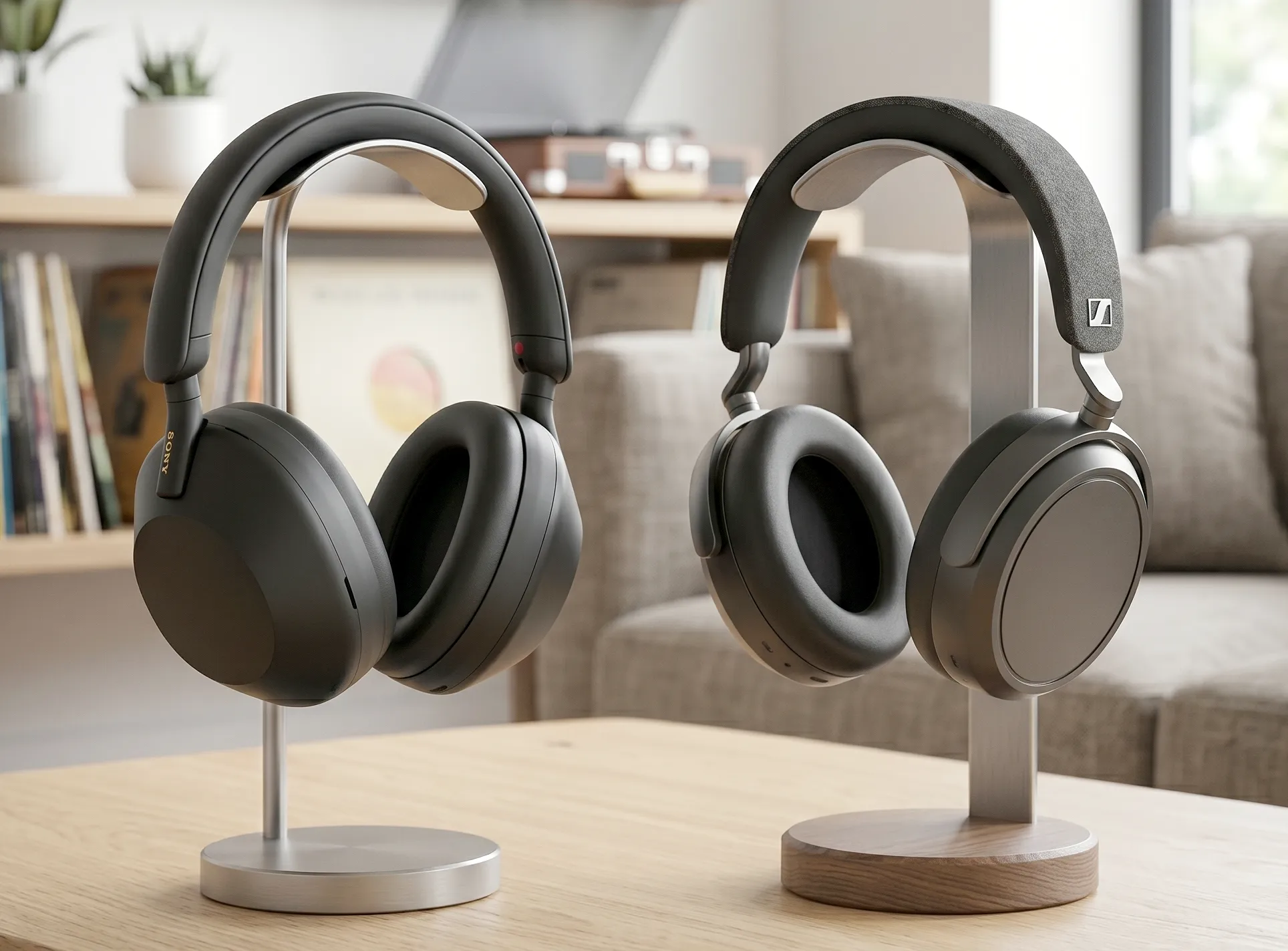 Sony WH-1000XM5 и Sennheiser Momentum 4 на стойках: вид в три четверти, черный матовый пластик и тканевые элементы, фон – комната.