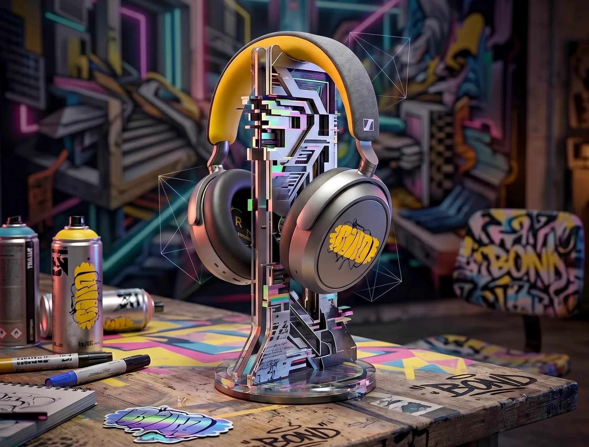 Sennheiser MOMENTUM 4 80th Anniversary на цифровой стойке: фон с граффити и баллончиками, желтое оголовье, вид спереди.