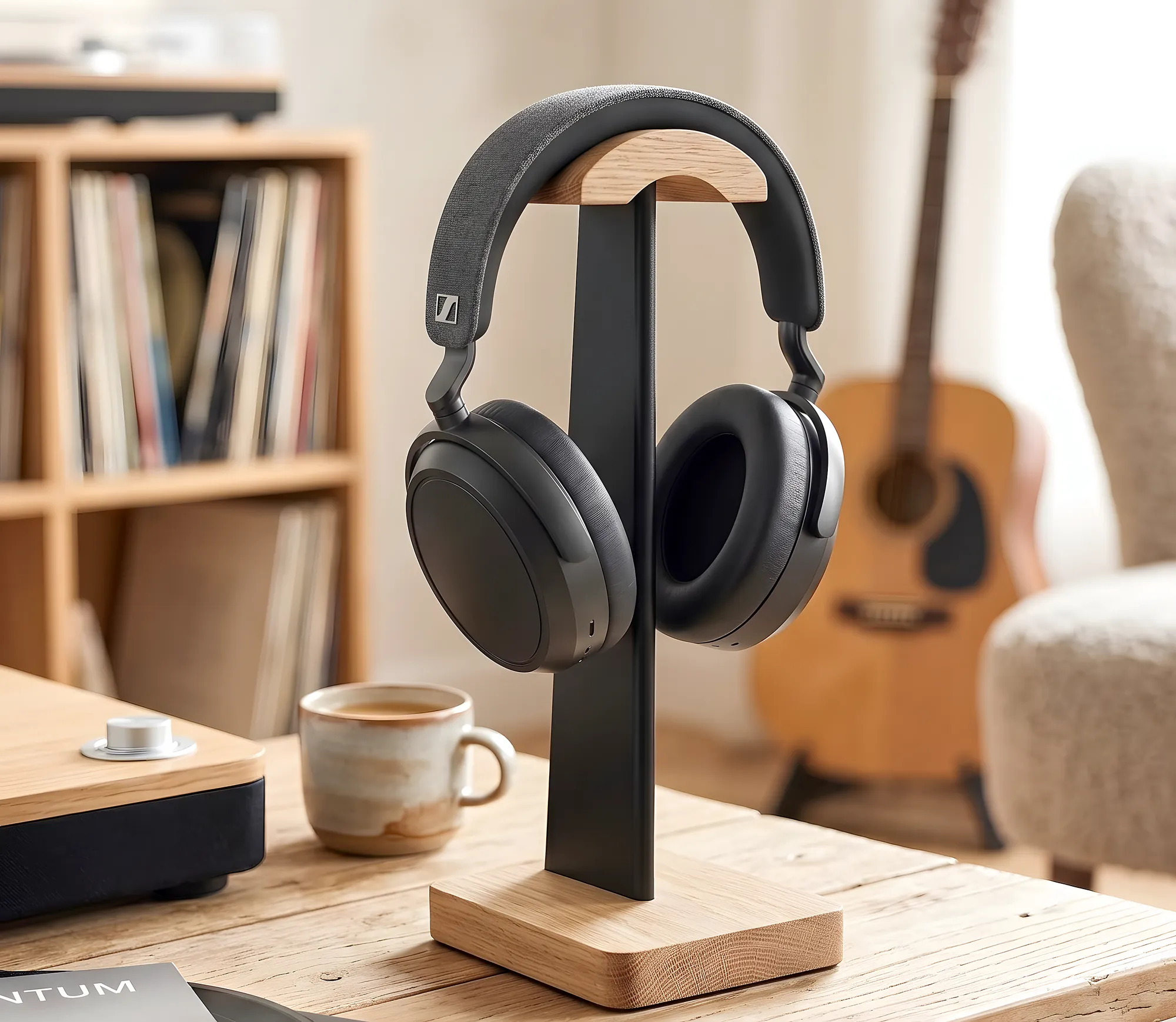 Sennheiser MOMENTUM 4 – наушники на стойке из дерева и металла. Вид сбоку на фоне интерьера с гитарой. Тканевое оголовье, матовый черный корпус.