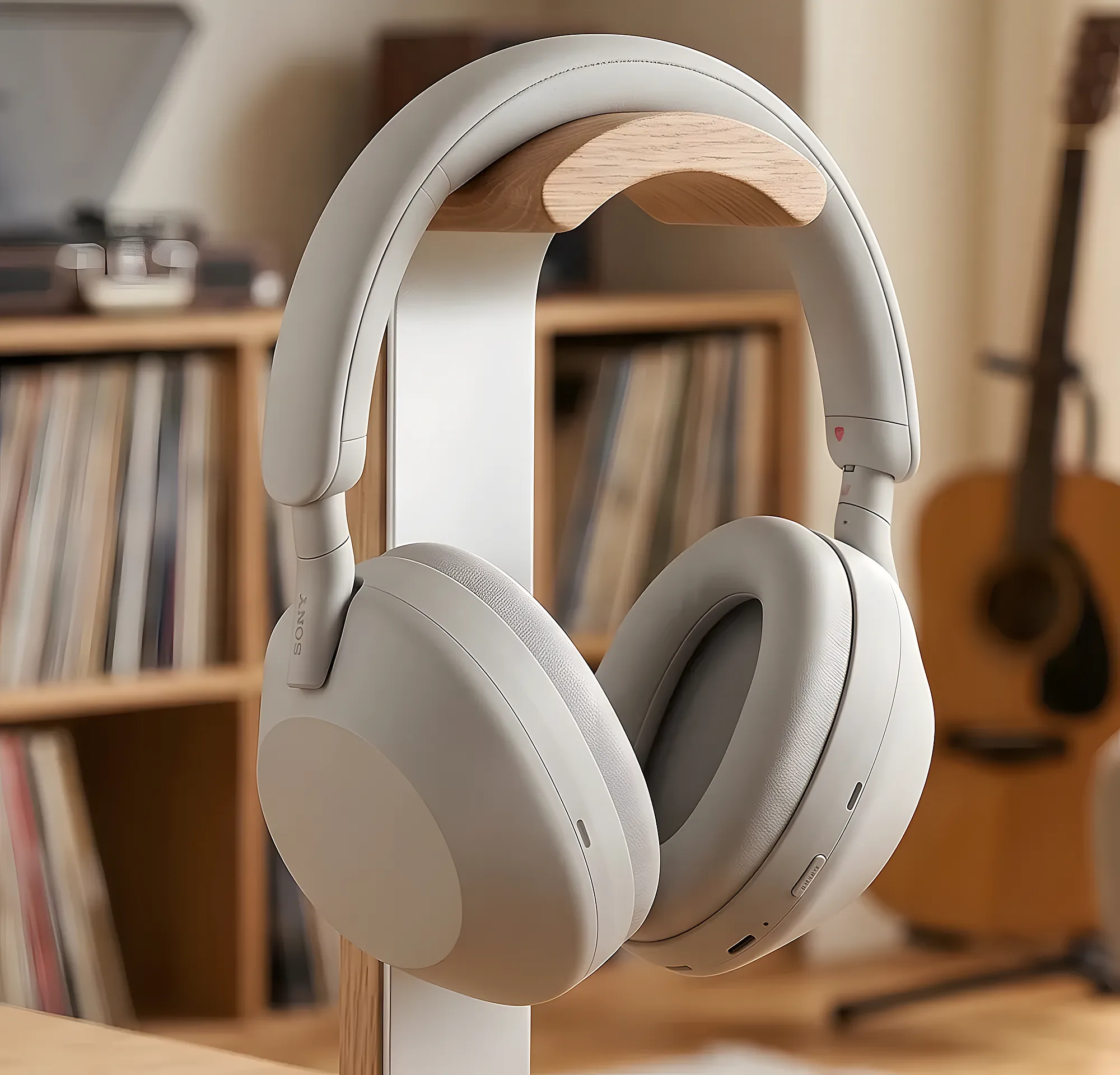Sony WH-1000XM6 на комбинированной стойке: фон – гитара и стеллаж, мягкий свет с эффектом боке.