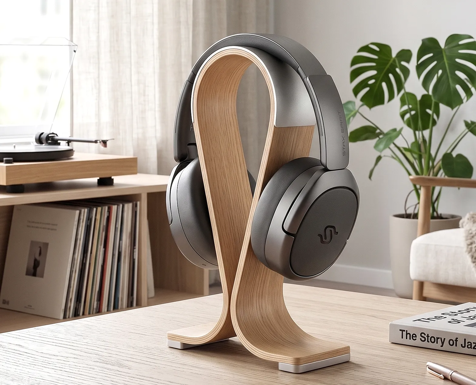 Edifier Stax Spirit S5: магнитно-планарные наушники на изогнутой стойке, вид в три четверти, фон – комната с винилом.