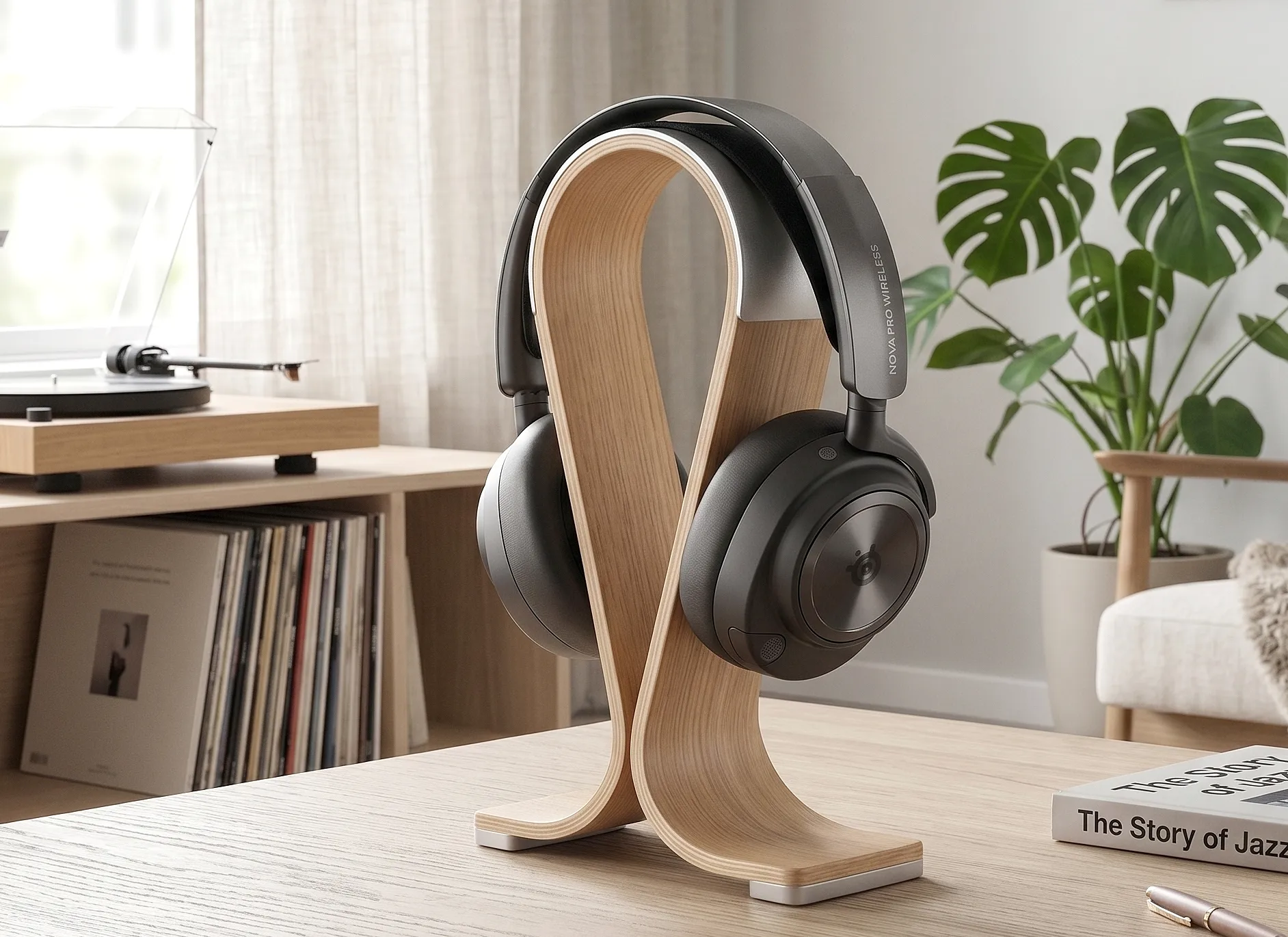 SteelSeries Arctis Nova Pro Wireless: черные наушники на столе с док-станцией, вид сверху под углом, матовая отделка.
