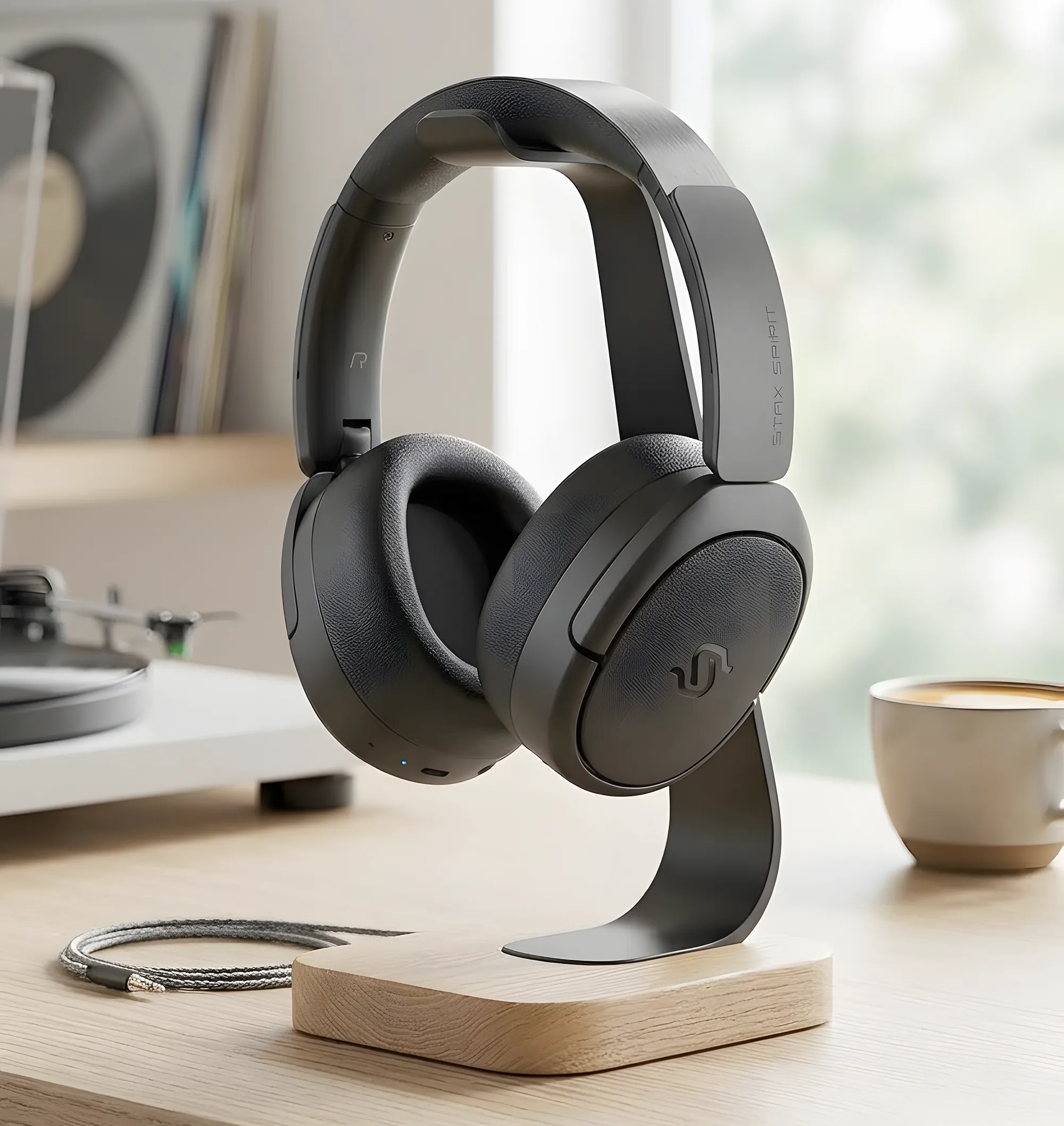 Edifier Stax Spirit S5 – черные наушники на изогнутой металлической стойке с деревянным основанием. На столе лежит аудиокабель, на фоне в расфокусе – проигрыватель винила и чашка кофе. Вид в три четверти, текстурированные чашки.
