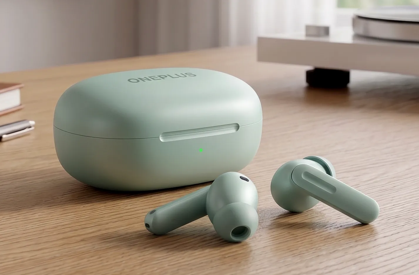 OnePlus Buds 4: TWS-наушники и мятный кейс на деревянном столе, фон – винил, гитара и полки, вид в три четверти.
