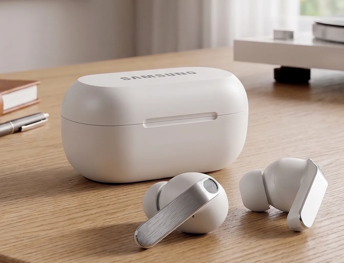 Samsung Galaxy Buds 4 Pro: TWS-наушники и белый кейс на деревянном столе, матовый футляр и серебристые вставки на ножках.