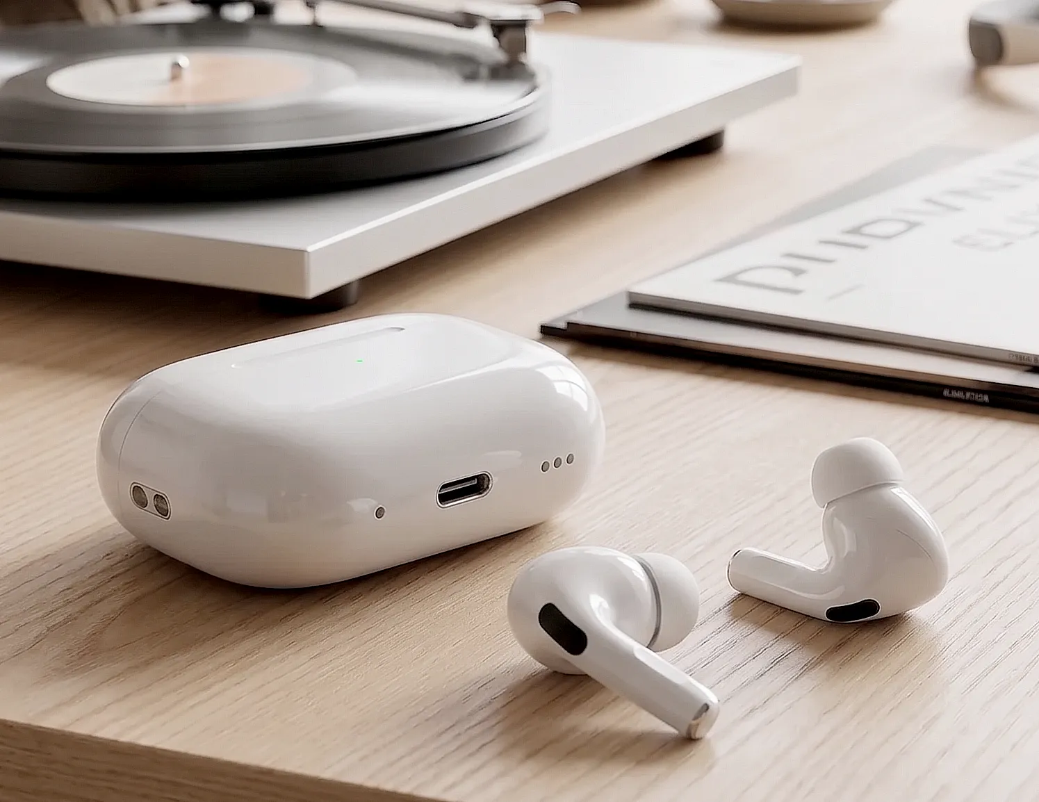 AirPods Pro 3: белые TWS-наушники и закрытый кейс на светлом столе с USB-C и динамическими отверстиями.