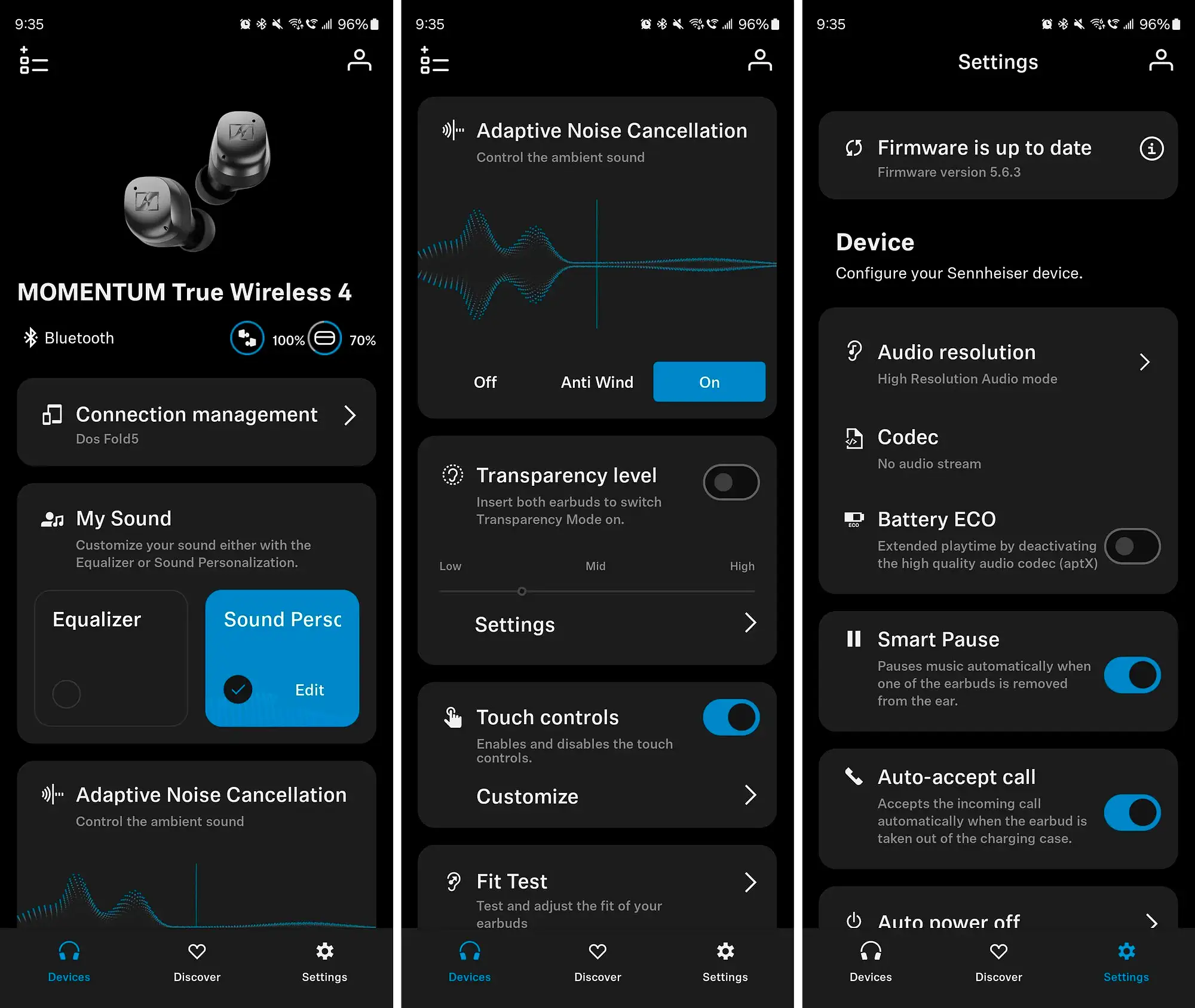 Sennheiser Momentum True Wireless 4 скриншоты приложения Smart Control Plus