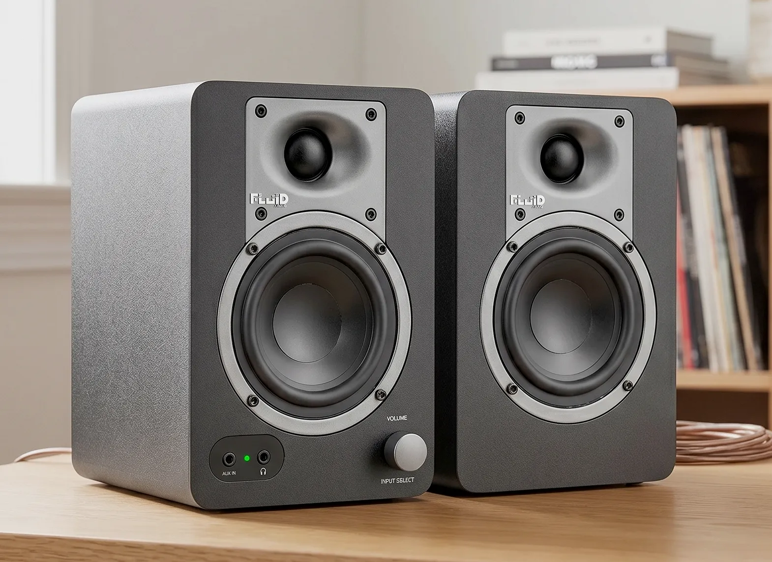 Fluid Audio C35BT: акустика на деревянном столе, прямой ракурс, активная колонка с серебристым регулятором слева.