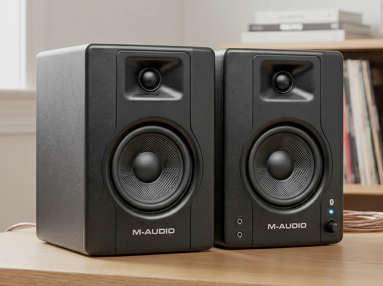 M-Audio BX4 BT: акустика на столе, фронтальный ракурс, черный матовый корпус, активная колонка с регулятором справа.