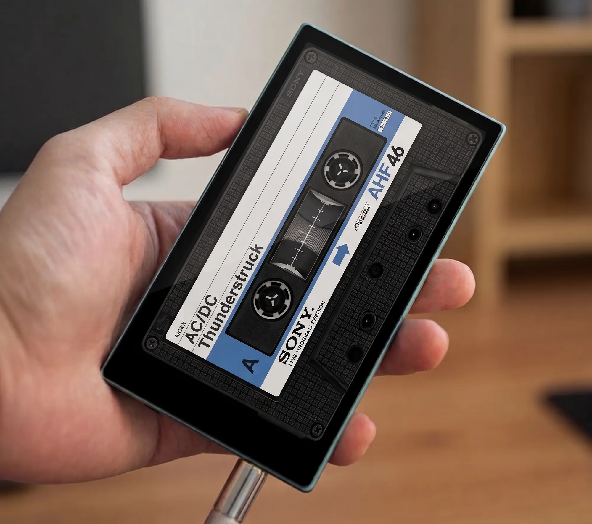 FiiO JM21 в руке: диагональный ракурс, экран с Cassette Mode, подключенный аудиокабель внизу.