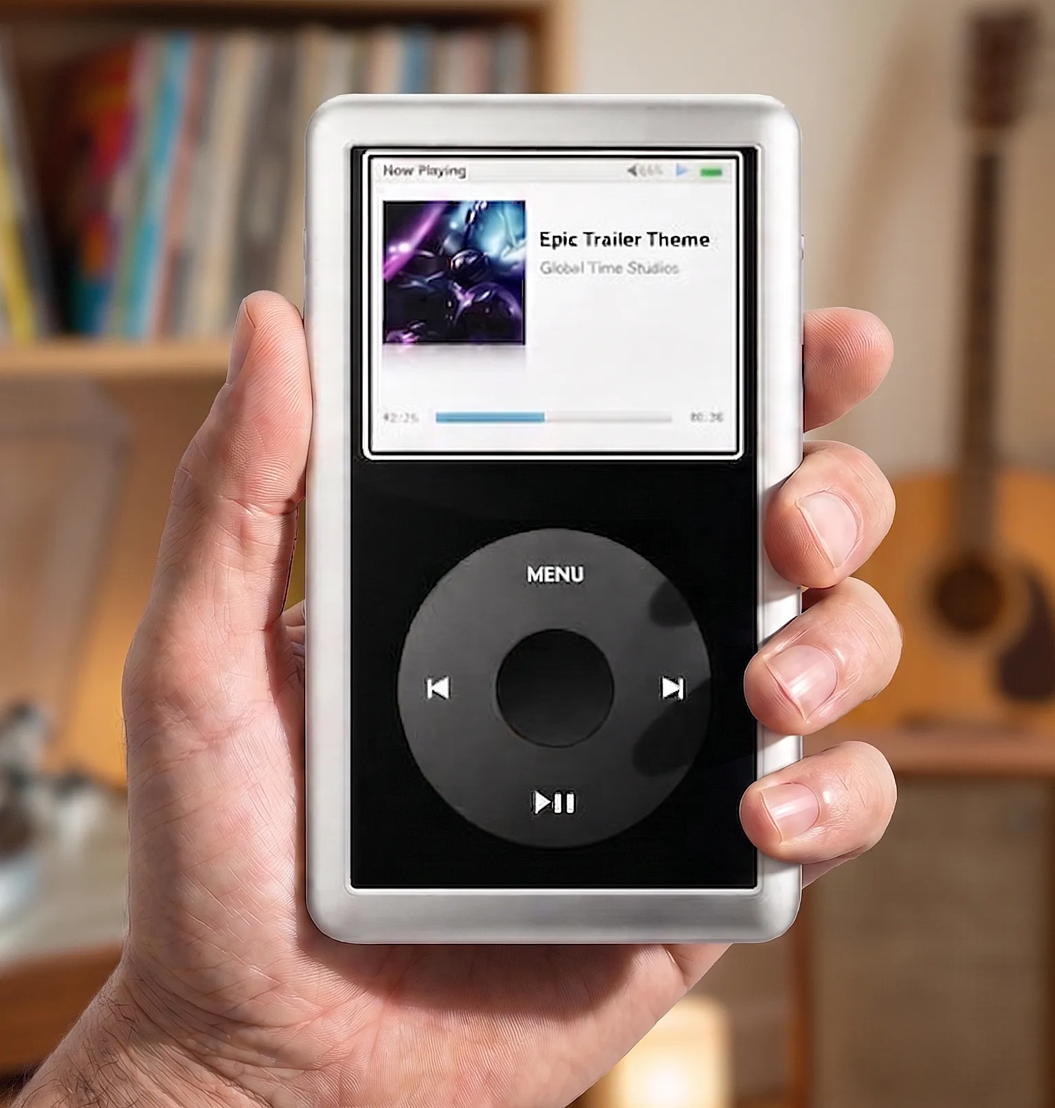 FiiO JM21 в руке: прямой ракурс, экран с NEST Pod, обложка трека и колесо управления.