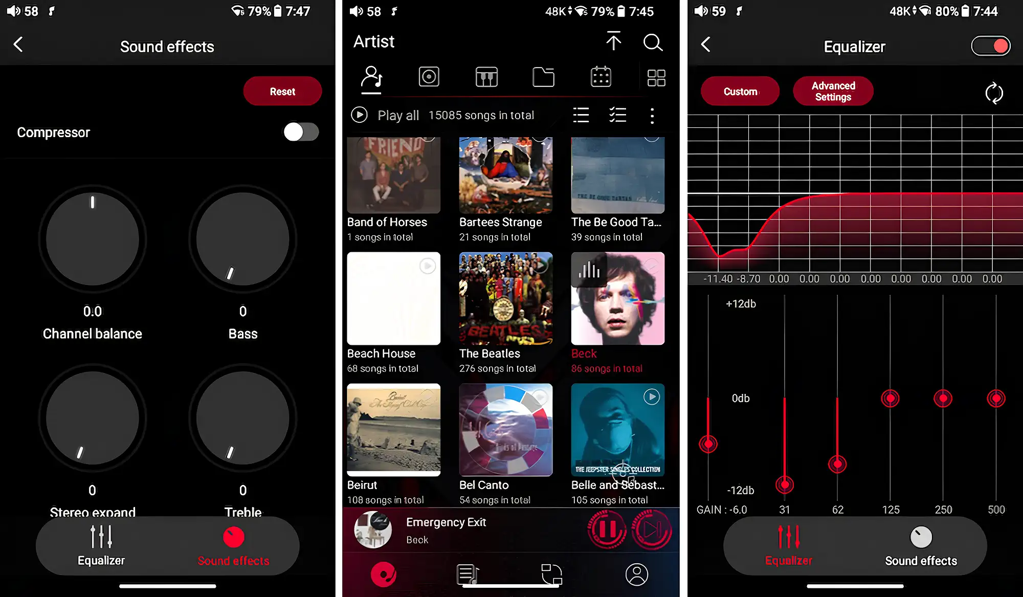 FiiO JM21: три скриншота прошивки – настройки звука, медиатека и эквалайзер.