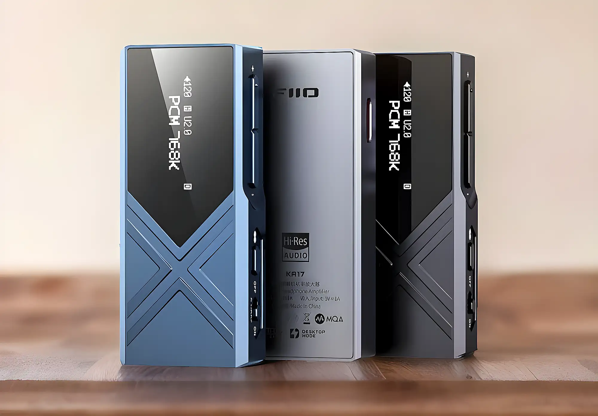 Три портативных ЦАП FiiO KA17 на столе. По краям синий и черный с экранами, в центре серебристый задней панелью.