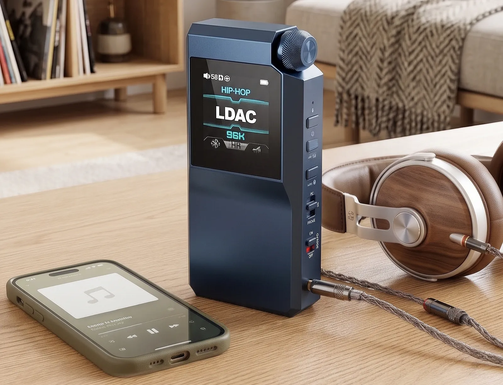 FiiO BTR17: синий ЦАП-усилитель на деревянном столе, рядом смартфон с плеером и полноразмерные наушники.