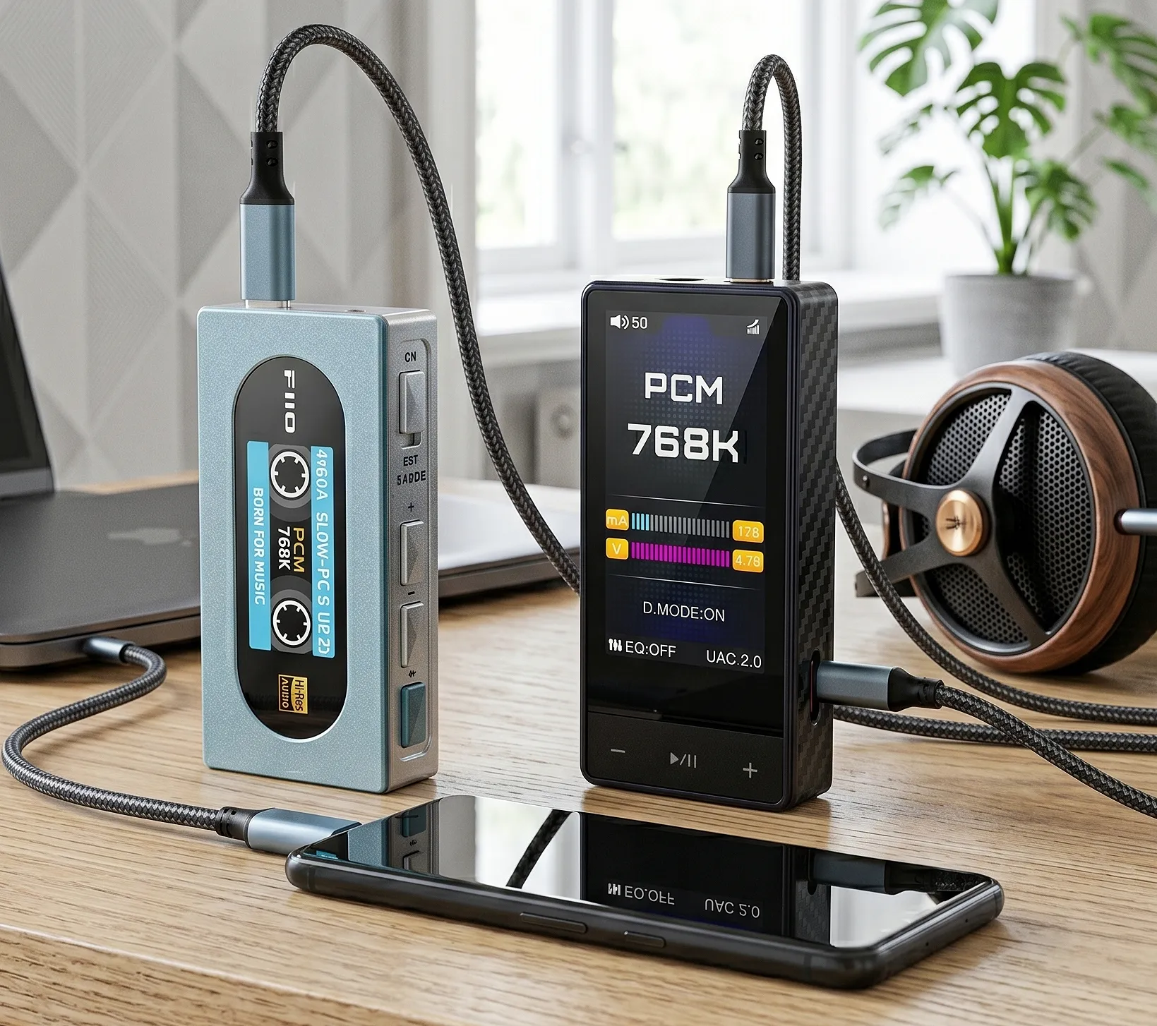 FiiO KA15 и QX13: портативные ЦАП на столе, подключены к смартфону и ноутбуку, рядом наушники.