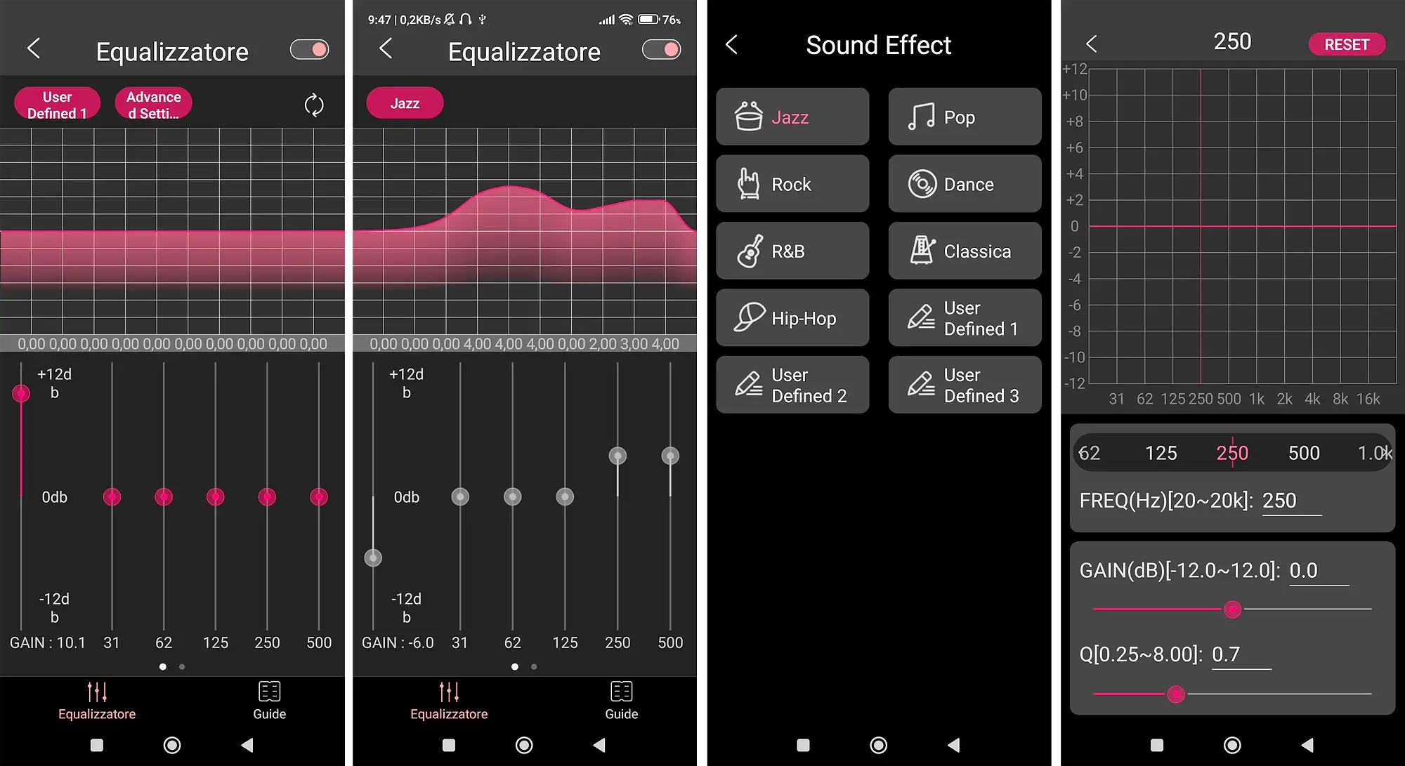 FiiO Control для KA17: четыре скриншота меню эквалайзера с графиками и ползунками частот на черных экранах.