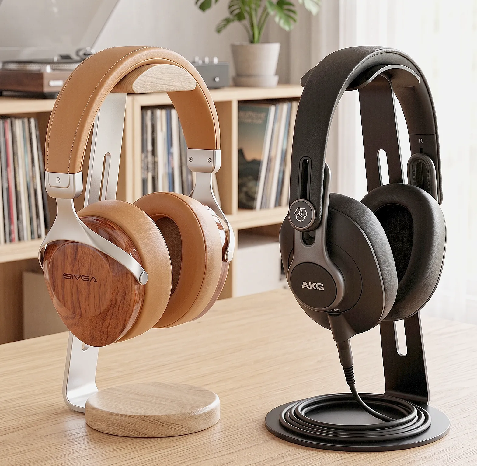 Sivga SV021 и AKG K371: полноразмерные наушники на подставках на деревянном столе, слева коричневые, справа черные, фон – стеллаж.