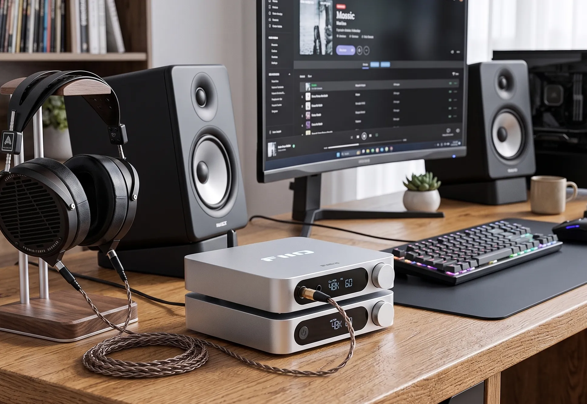 FiiO K11 R2R и SR11: стек ЦАП и стримера на деревянном столе, рядом наушники, монитор и колонки.