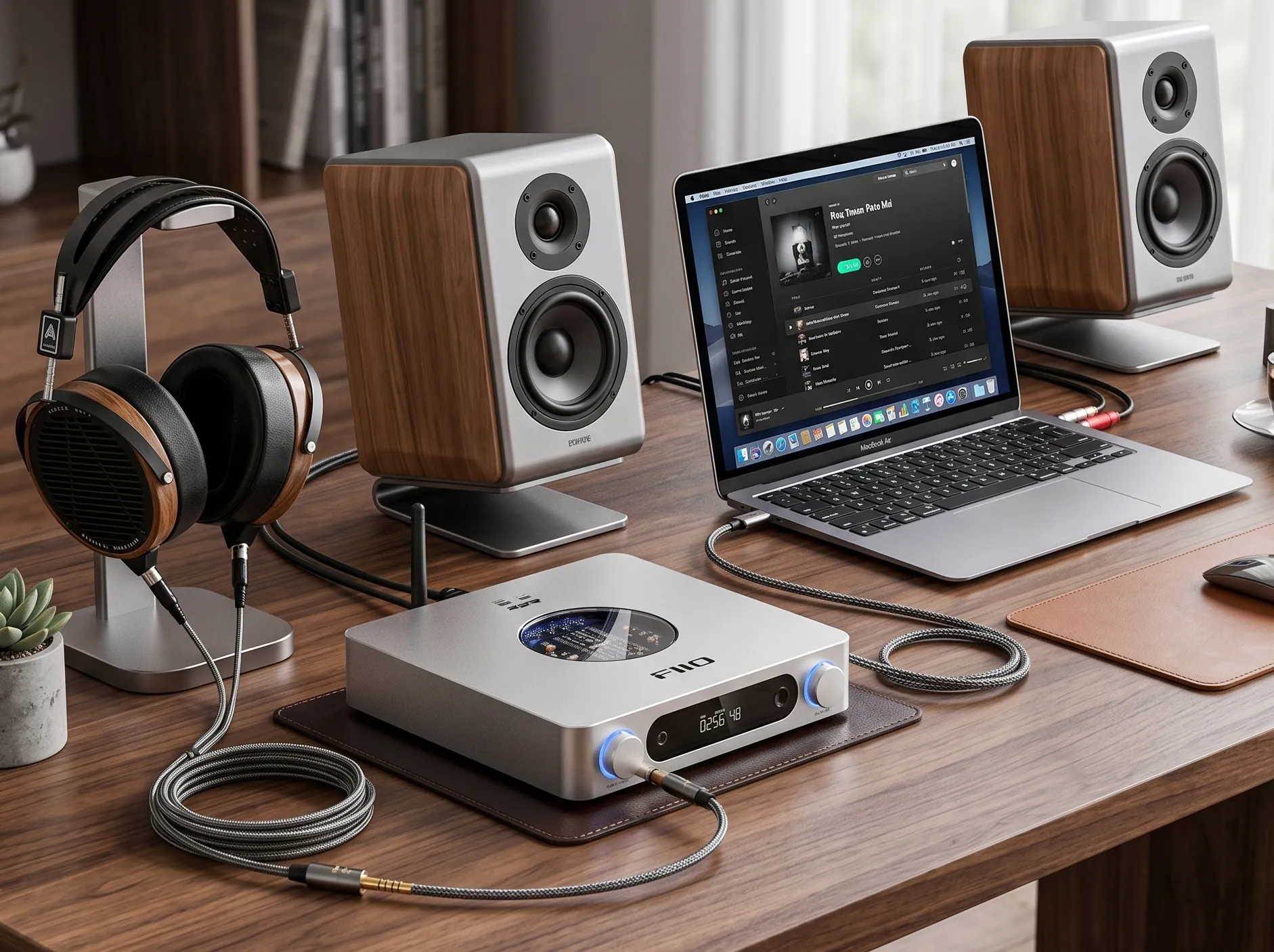 FiiO K13 R2R: настольный ЦАП-усилитель на деревянном столе, рядом ноутбук, колонки и магнитно-планарные наушники.
