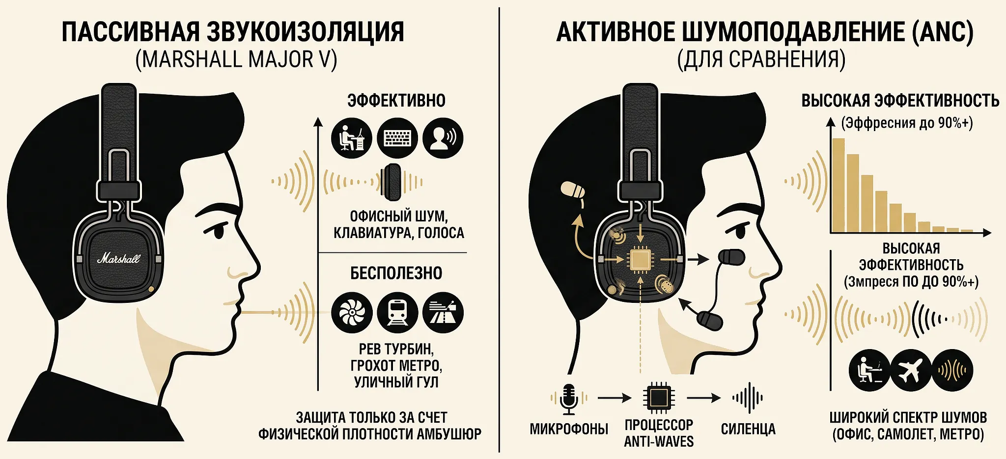 Инфографика: визуализация разницы между пассивной изоляцией On-Ear и активным ANC.