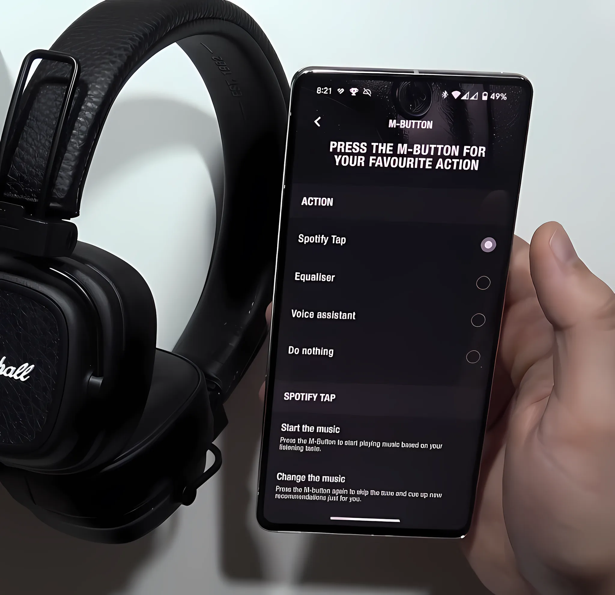 Интерфейс приложения Marshall Bluetooth с открытой вкладкой настройки М-кнопки наушников Marshall Major 5.