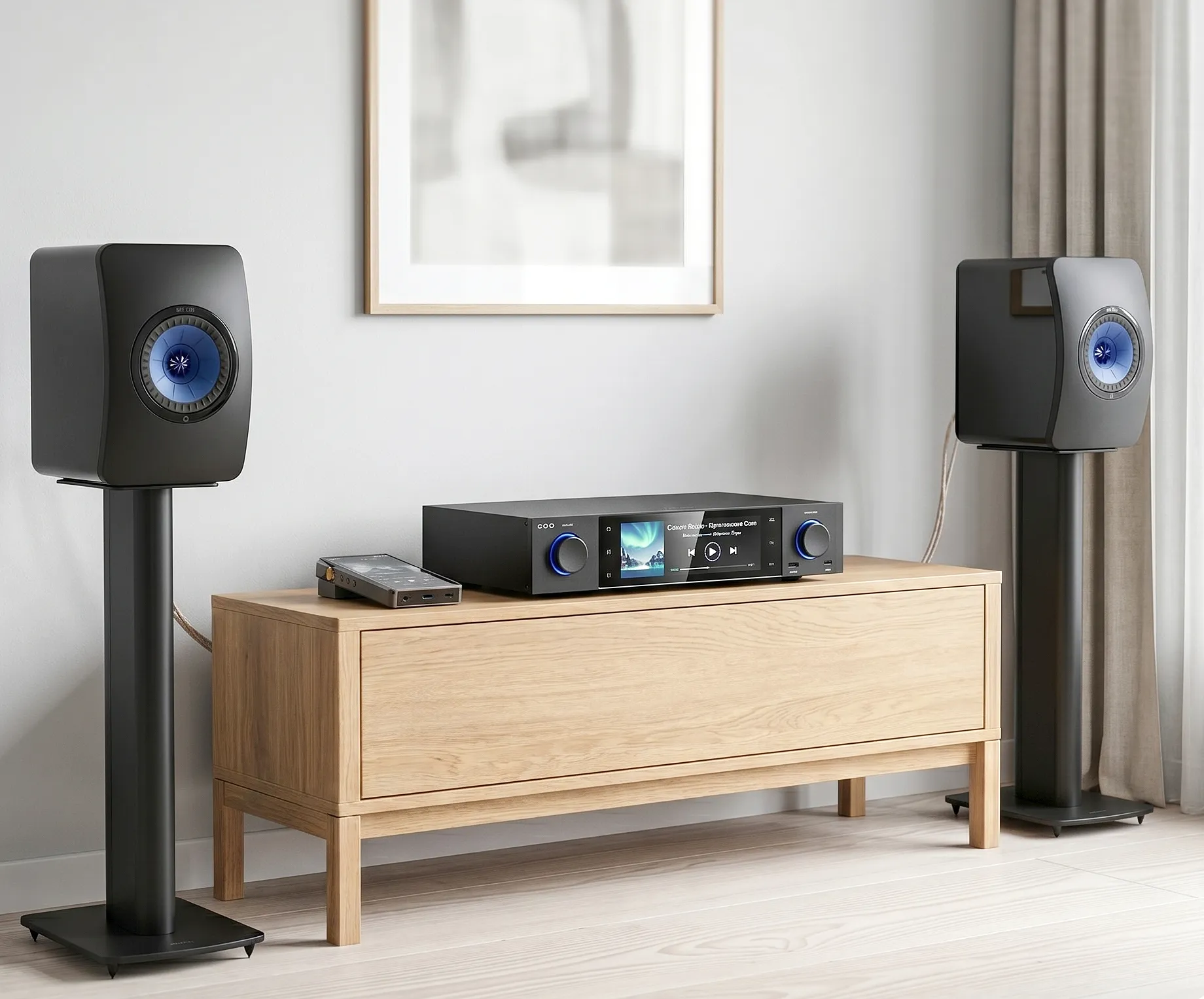 Стример FiiO S15 на тумбе в окружении активных колонок KEF LS50 на стойках.