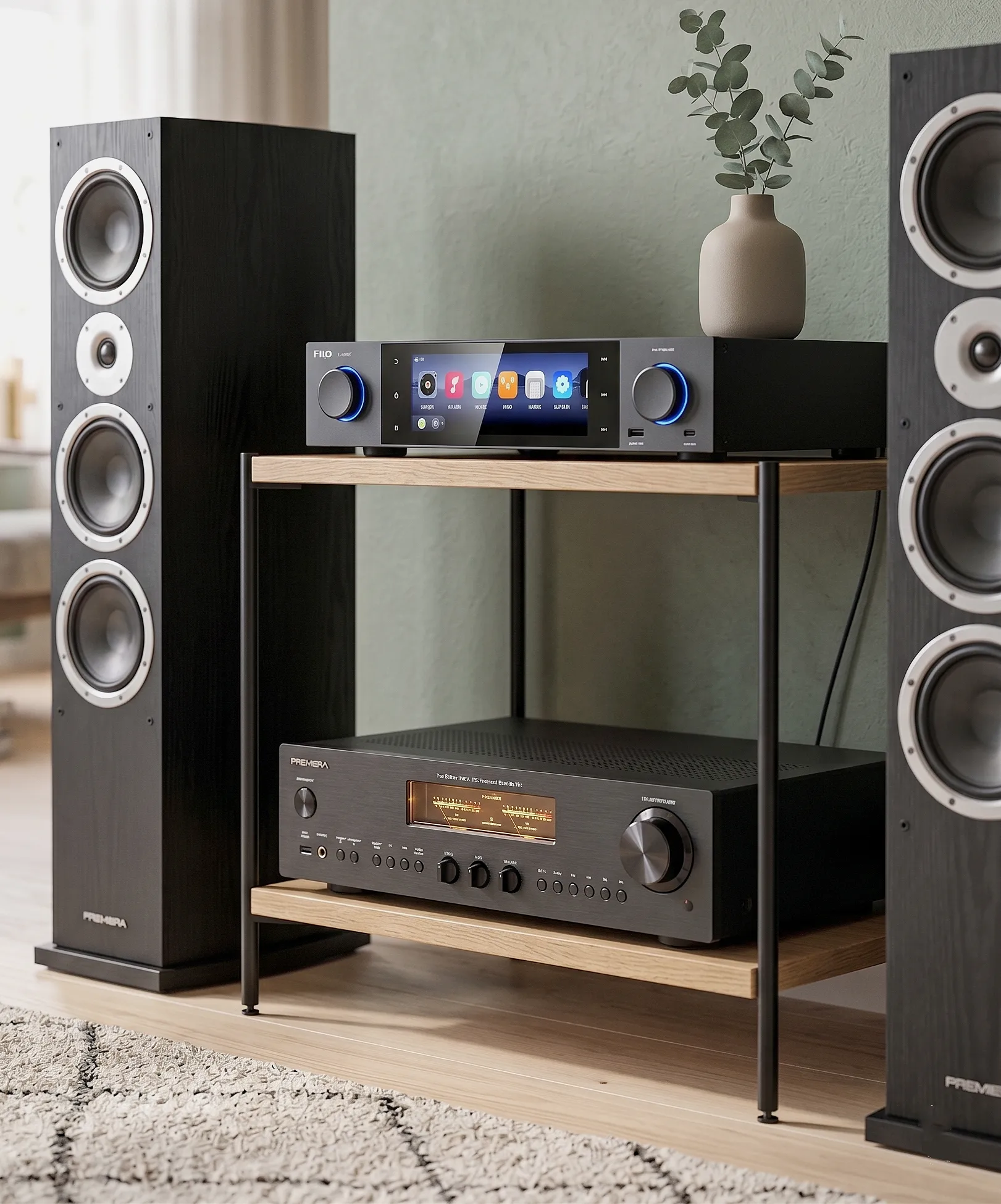 Стример FiiO S15 и усилитель PREMIERA A2 на стойке между напольной акустикой Premiera DS-631 BL.