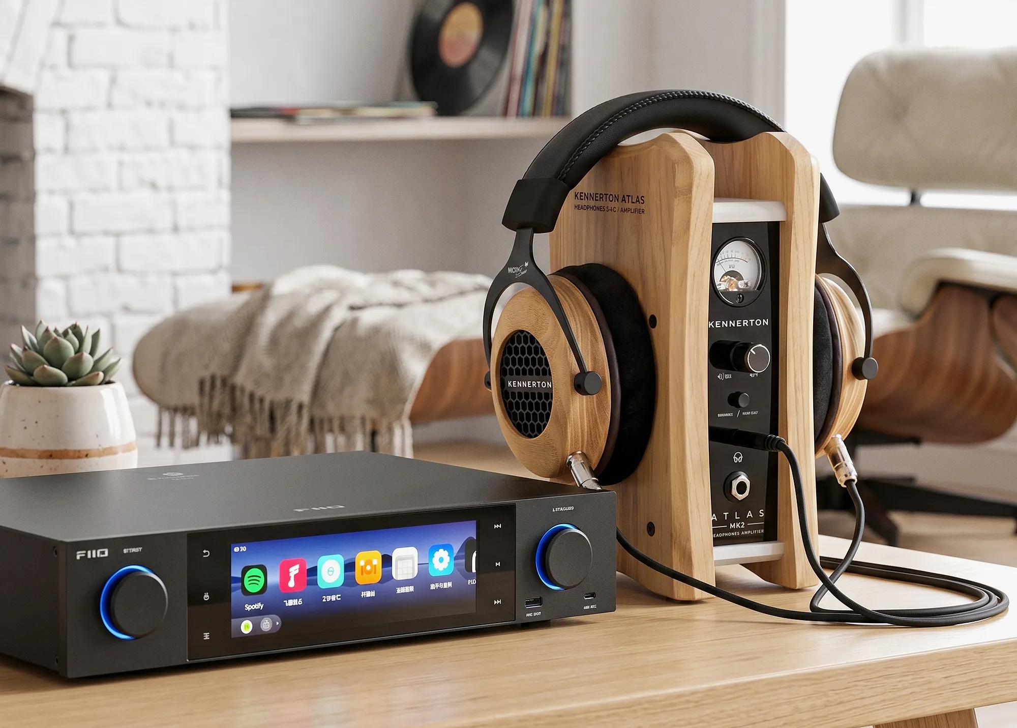 Стример FiiO S15 и усилитель Kennerton Atlas mk2 с наушниками на деревянном столе. Крупный план в интерьере.