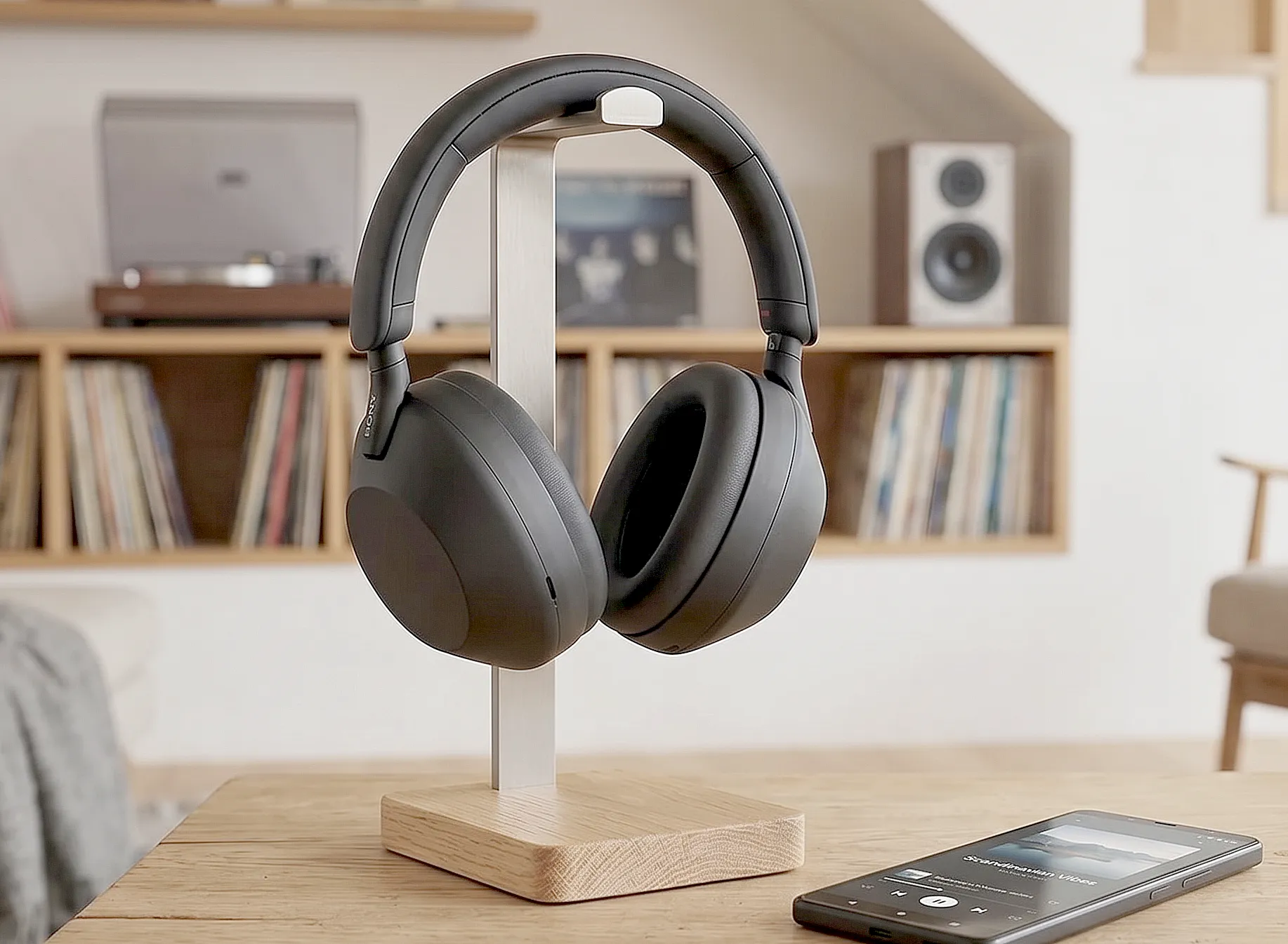 Наушники Sony WH-1000XM6 на металлической подставке. Крупный план на деревянной подставке рядом со смартфоном.
