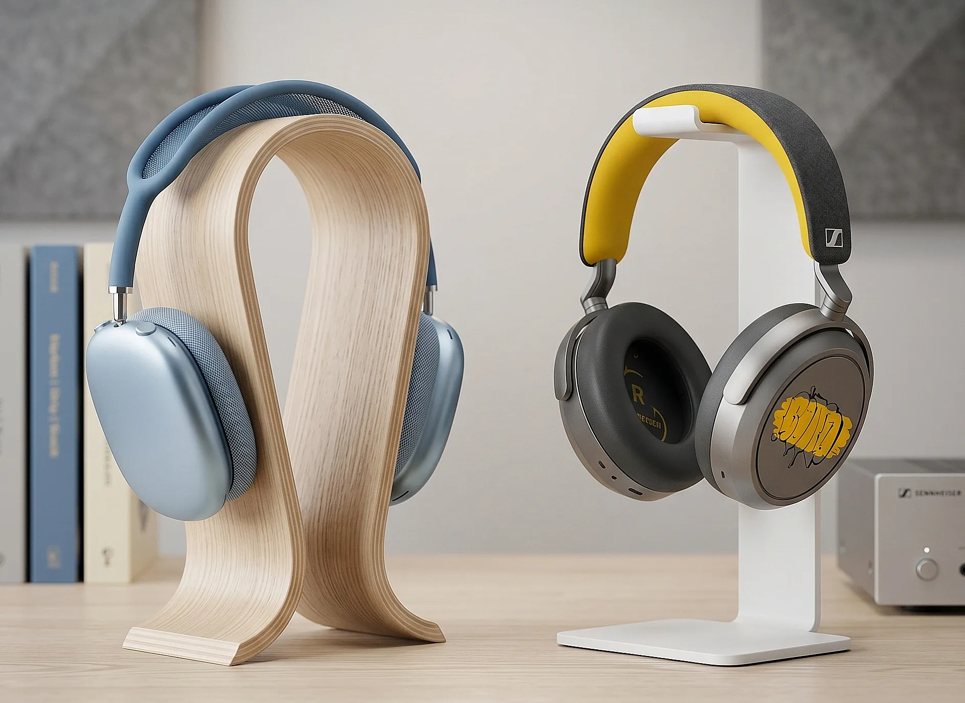 Наушники Apple AirPods Max 2 и Sennheiser Momentum 4 на подставках. Крупный план двух моделей на столе в интерьере.