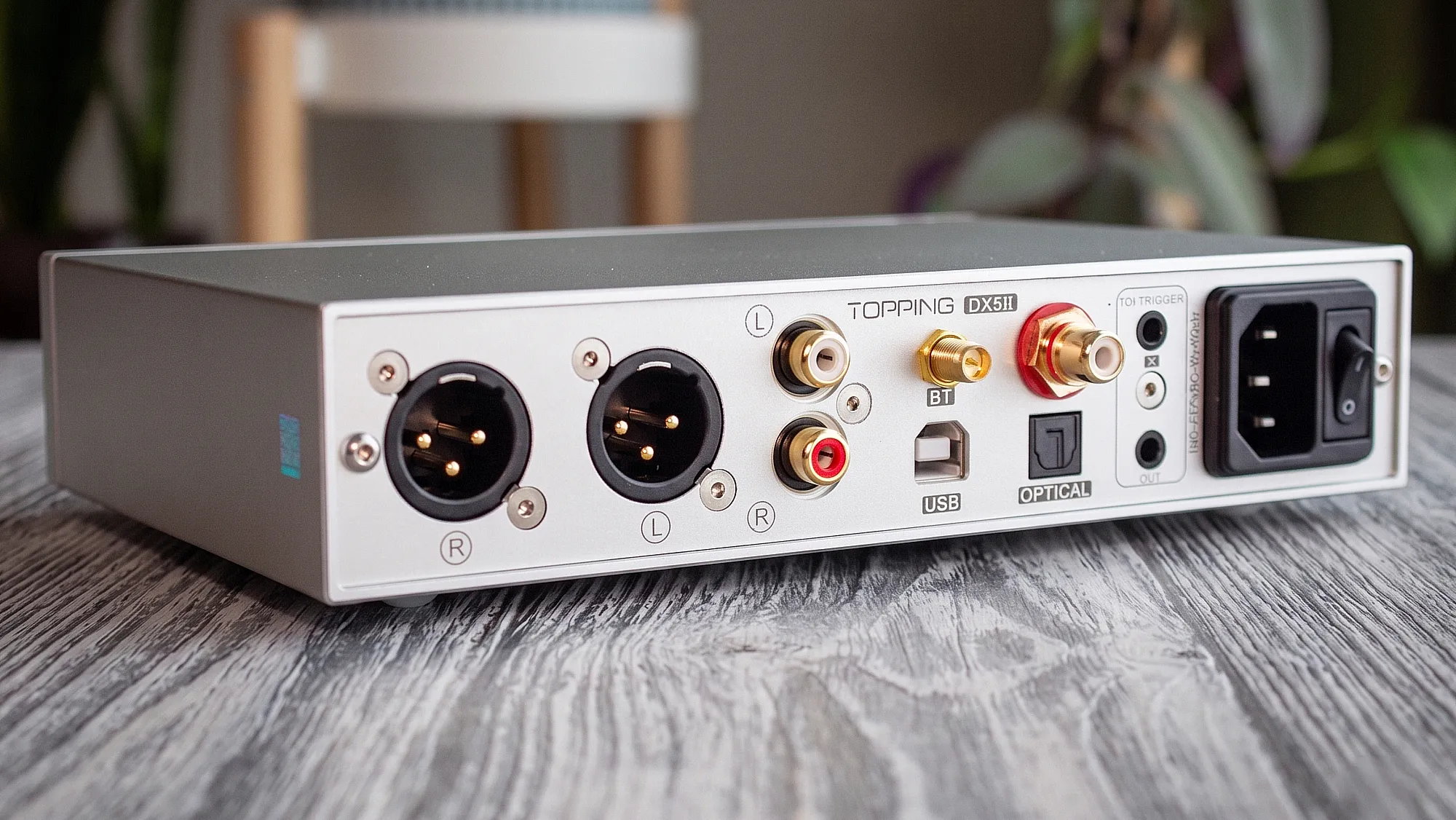 Задняя панель ЦАП Topping DX5 II с разъемами коммутации. Интерфейсы подключения, включая балансные XLR, линейные RCA, цифровые входы и разъем питания.