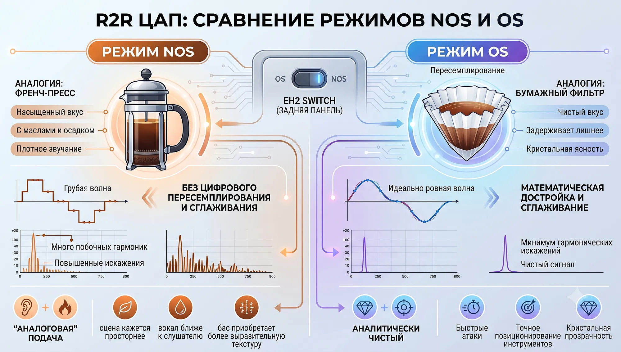 Инфографика работы режимов R2R матрицы Shanling EH2. Сравнение режимов работы OS и NOS.