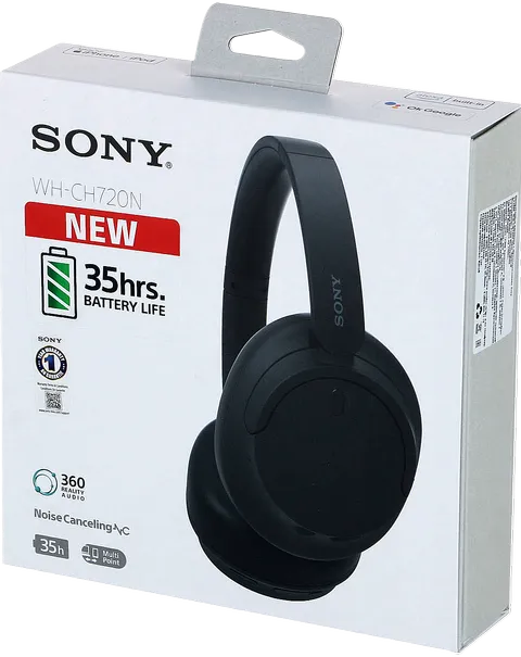 Коробка Sony WH-CH720N с изображением наушников, логотипами ANC и 360 Reality Audio на белом фоне.