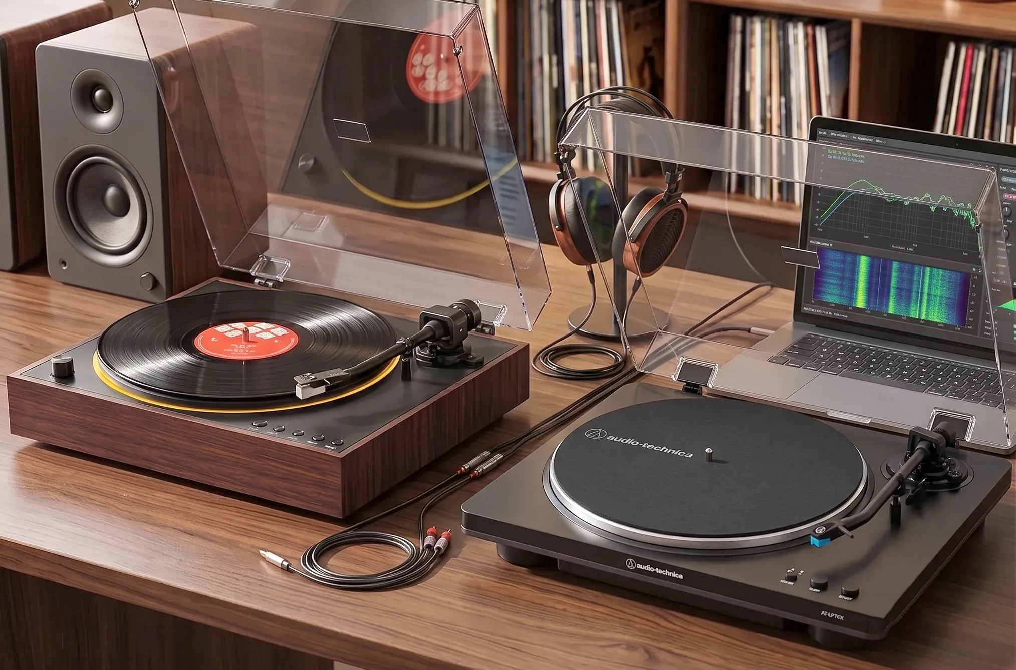 Сравнение FiiO TT11 и Audio-Technica AT-LP70X: слева деревянный проигрыватель с пластинкой, справа черный с крышкой.