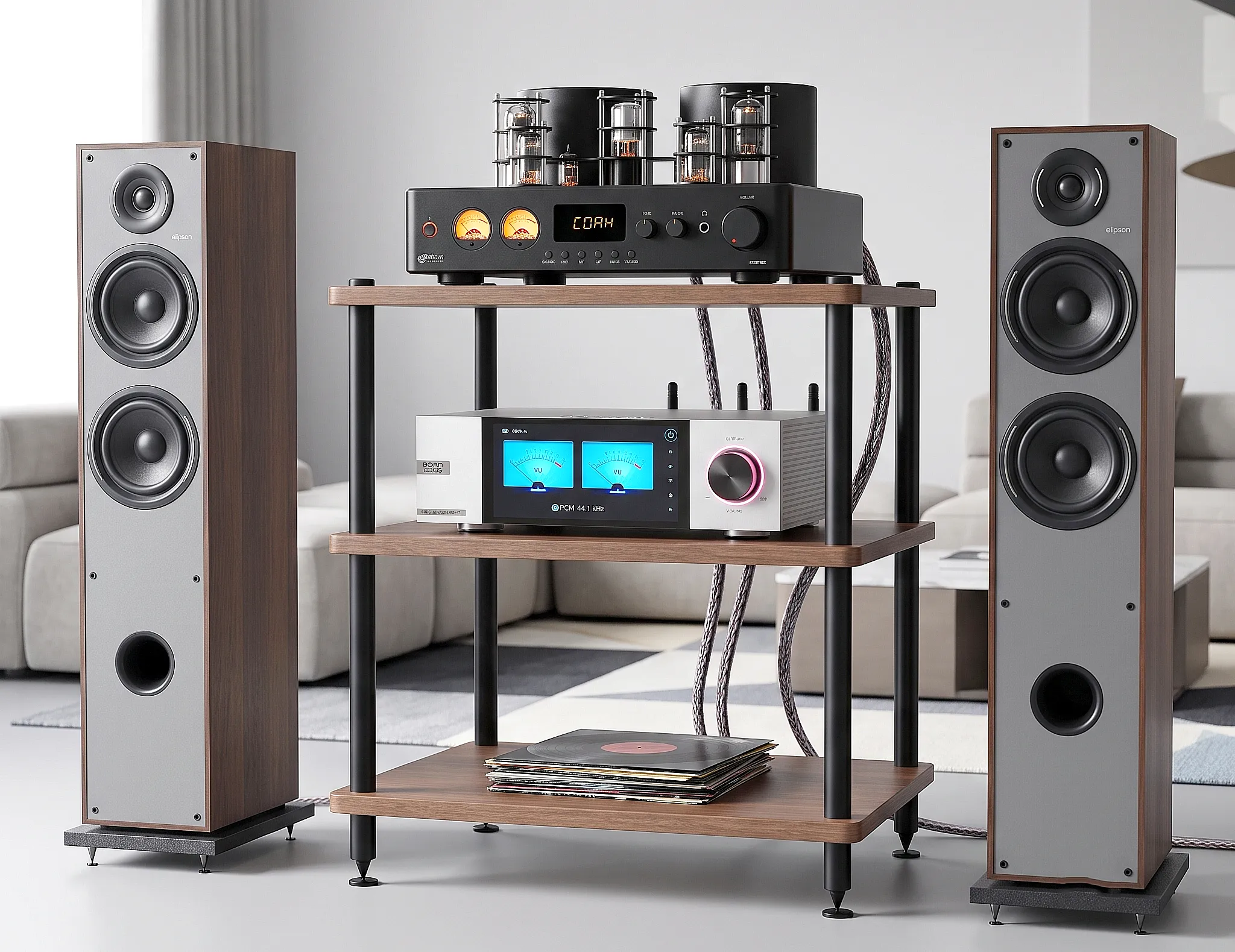 Hi-Fi аудио стойка из лампового усилителя Juson Audio JTA100, стримера EverSolo DMP-A6 Gen 2 и напольных колонок Elipson HORUS 11F.