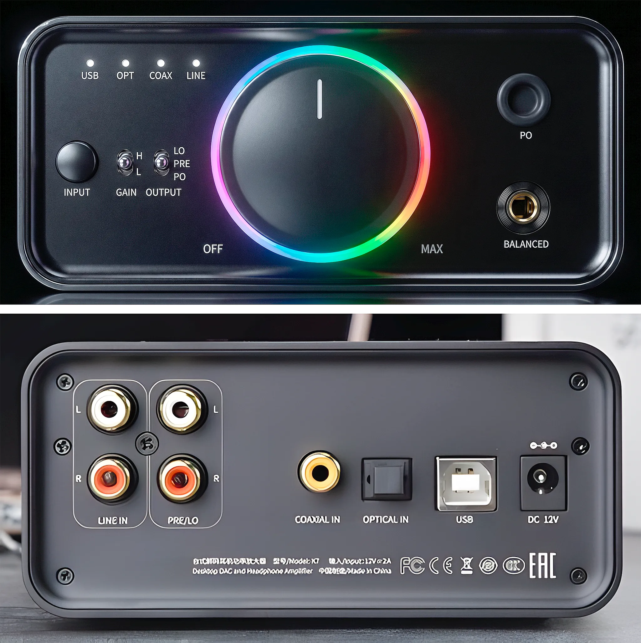 ЦАП и усилитель FiiO K7: передняя с кольцом RGB-индикации и задняя панель. с интерфейсами.