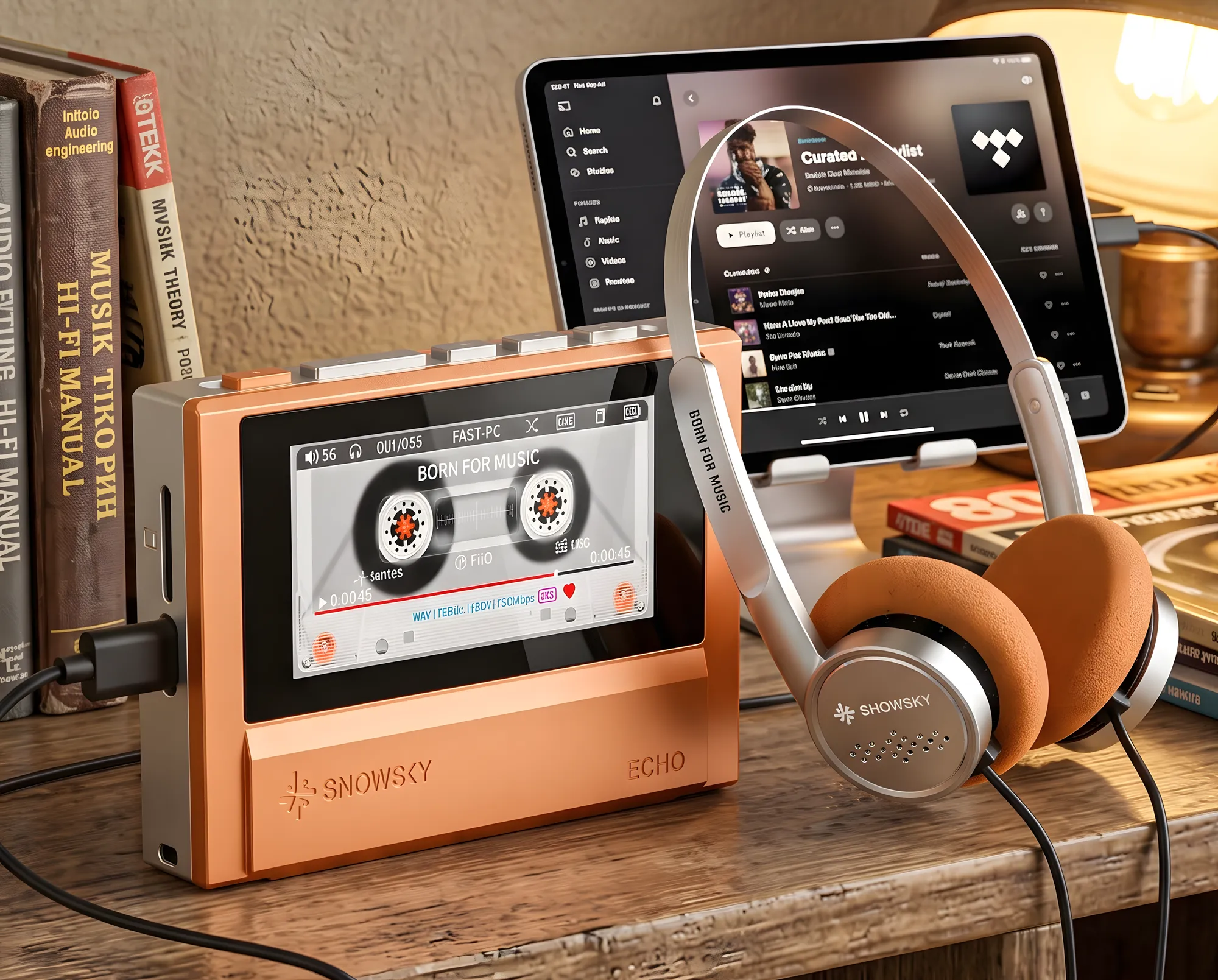 Цифровой плеер FiiO Snowsky ECHO оранжевого цвета и наушники Snowsky с оранжевыми амбушюрами на деревянном столе.