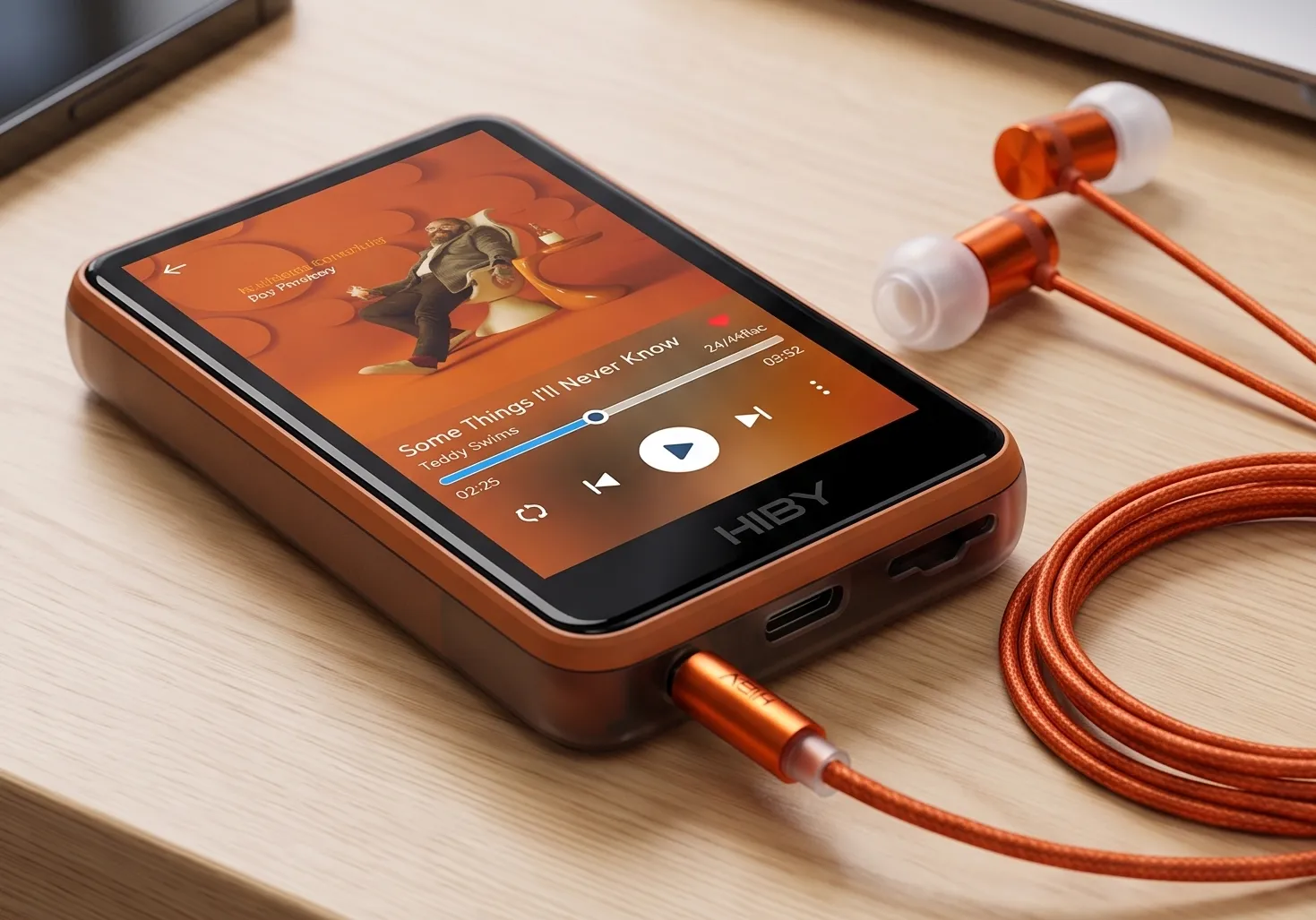 Цифровой плеер HiBy R1 и наушники HiBy Yves: оранжевый корпус плеера и проводные IEM наушники на деревянном столе.