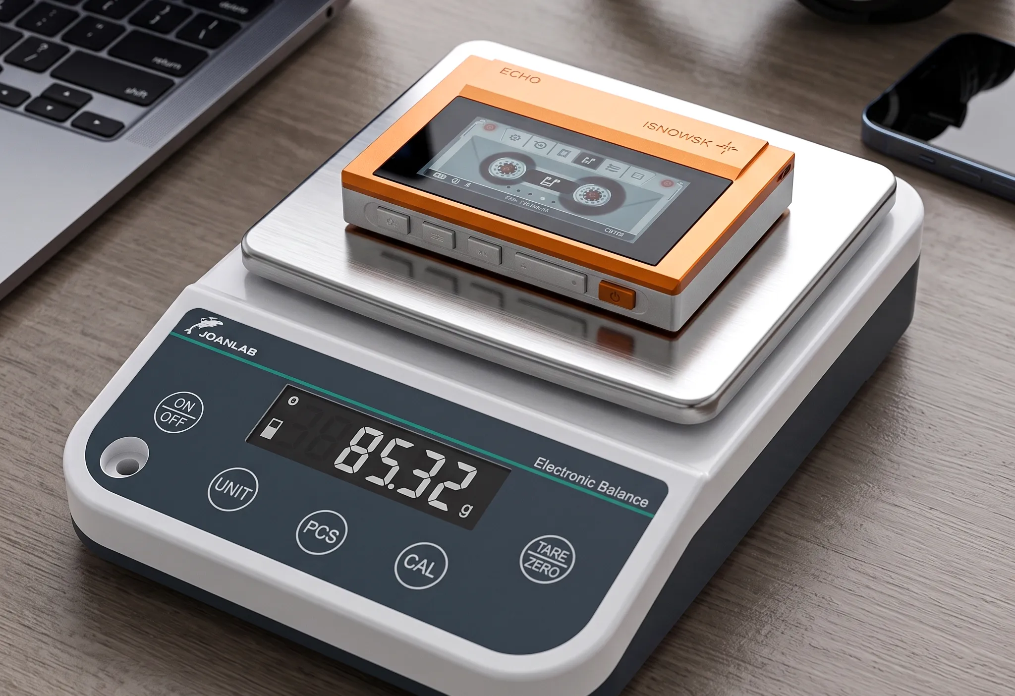 Цифровой плеер FiiO Snowsky ECHO на платформе лабораторных весов: устройство сверху, дисплей показывает вес 85 г.