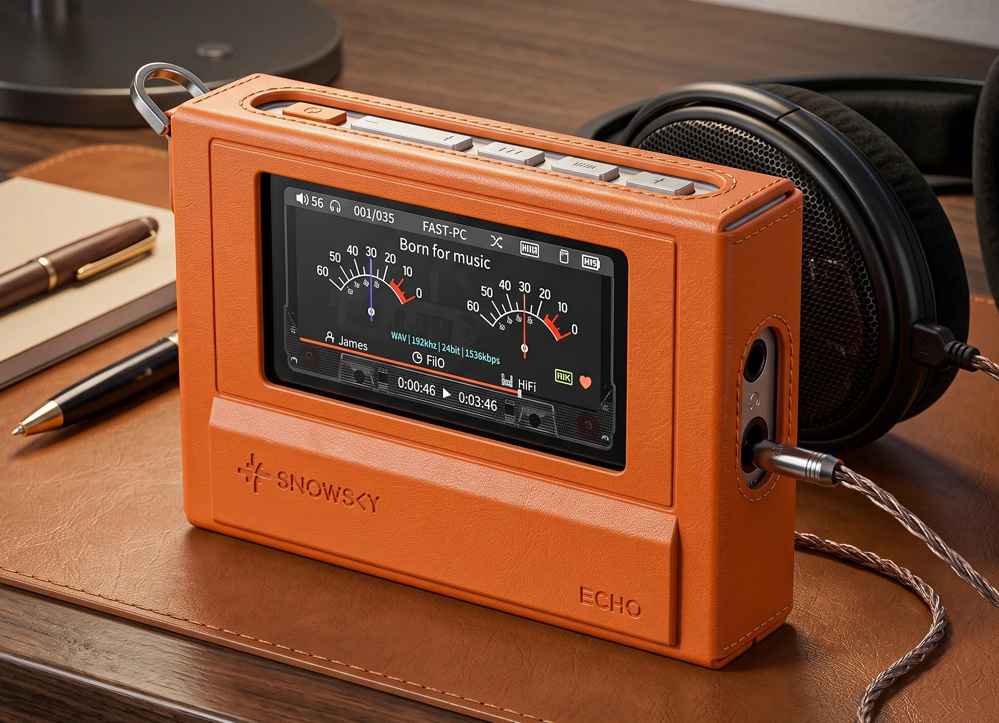 Цифровой плеер FiiO Snowsky ECHO в оранжевом кожаном чехле: экран с VU-индикаторами и подключенный провод наушников.